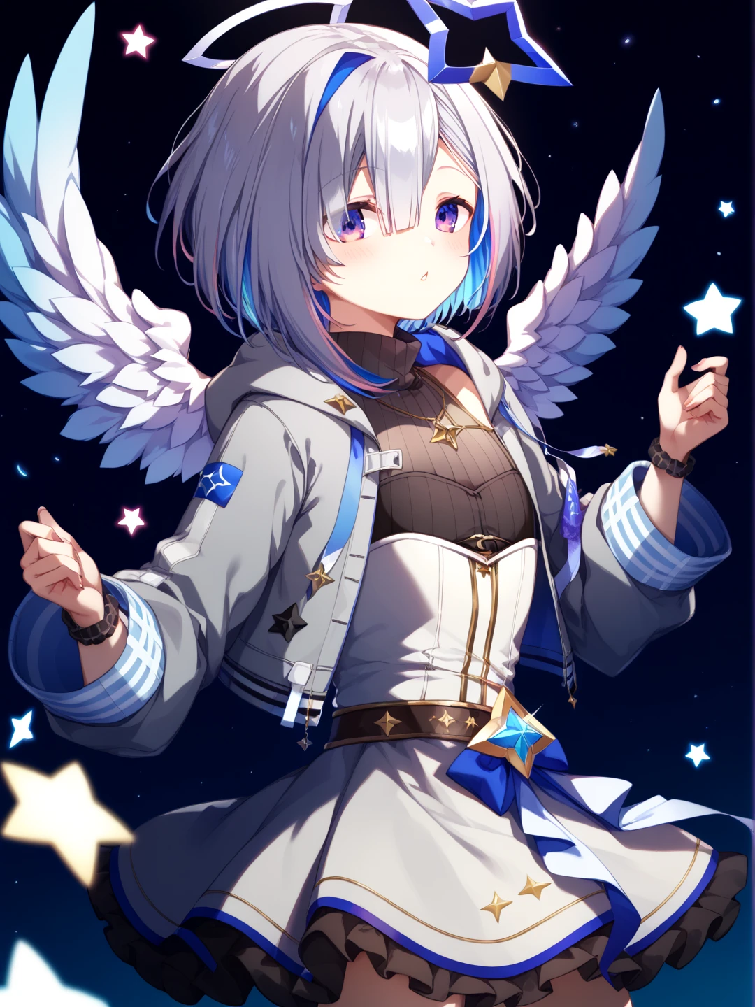 1 girl,Amane Kanata,kanatadef,Angel Wings,Standing on one leg,Wink,smile,raise one hand up、naked、Nipples、Pussy、nsfw