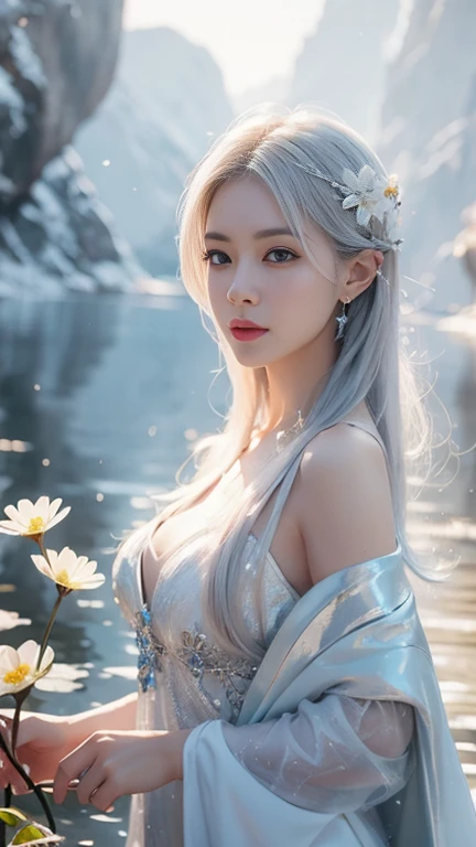 Hyper-realistic digital painting of a sea queen boasting natural wave hairstyles, crowned with delicate flowers, flawless white fine skin enveloped in a traditional kimono, striking blue-gold eyes captivating against a starry nocturnal seascape, accented by blue lycoris radiant in elegance, ultra fine details, 8K resolution, embodies seduction, beauty akin to the birth of Venus, masterpiece,