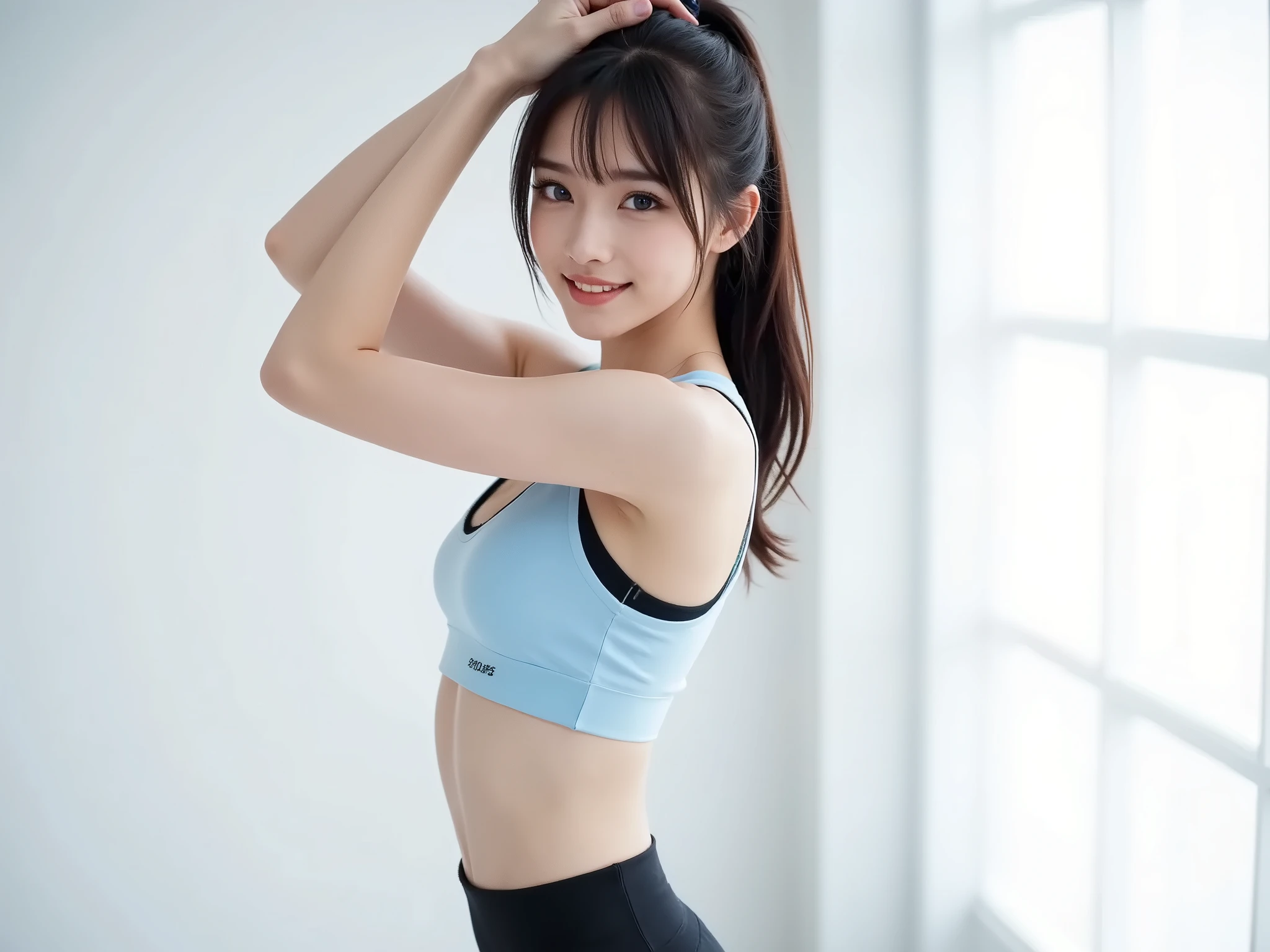 ((top-quality、8K、masterpiece:1.3))、Tall and beautiful woman、Perfect figure:1.4、Slender Abs、Dark brown hairstyle、shorth hair、Light gray yoga pants、No postural movement、Stand up straight、huge bust、Highly detailed facial and skin texture、A detailed eye、二重まぶた、Face with a cold、A royal sister full of fans、full body Esbian、Peach butt、Small Sports Bra、squatt、(Raw foto:1.2)、((Photorealsitic:1.4))top-quality、masterpiece、illustratio、extremely delicate and beautiful、extremely details CG、Unity、8K Picture Wallpaper、finely detail、best qualtiy、Highly detailed CG Unity 8k wallpaper、absurderes、incredibly absurdness、huge filesize、ultra-detailliert、hight resolution、ighly detailed、a beautiful detailed girl、extremely detailed eye and face、beatiful detailed eyes、Facial light、电影灯光、1girl in、see -through,Look at viewers,plein air,Sunny and cheerful、High Ponytail、Sporty girl、ulzzang-6500、full body Esbian、yoga clothes、Sportsgirl、gym、traning、working out、Machines、Do a bench press、big breasts thin waist、full body Esbian、Ass Pre、a smile