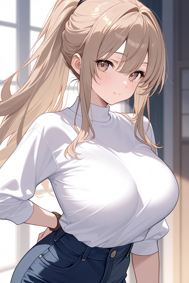 slender, mature female,1girl, earrings, see-through, jewelry, blush, shirt, solo, ponytail, brown_hair, breasts, brown_eyes, wet_clothes, wet_shirt, wet, bangs, navel, eyebrows_visible_through_hair, open_mouth, rating:safe, long_hair, white_shirt, large_breasts, collared_shirt, short_sleeves, hair_between_eyes, rating:questionable, earrings, sweat, out-of-frame_censoring, looking_at_viewer, :o, standing, dress_shirt,