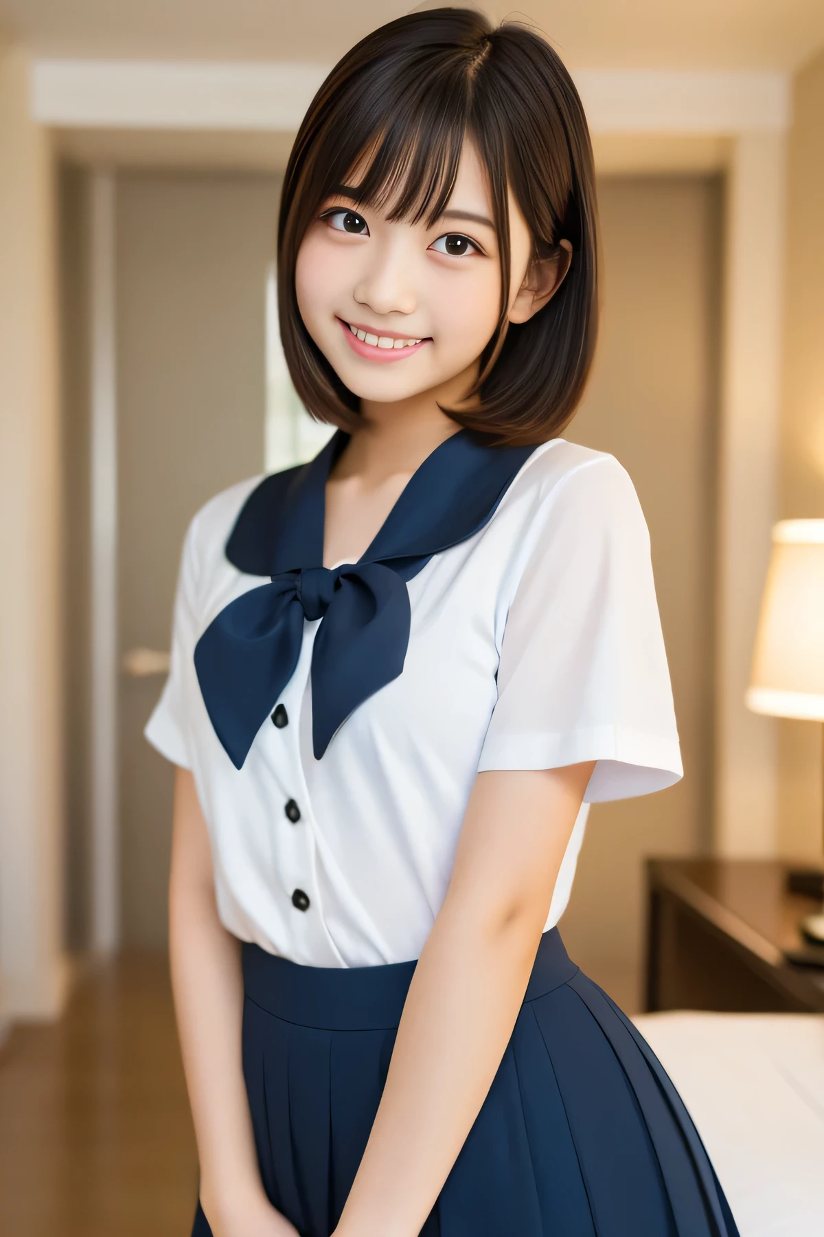 Highest Quality,is very detailed,high definition,8k,15year old high school girl,uniform pose,can see her whole body,Hotels,Japanese,wallpaper,perfect dynamic configuration,beautiful 5 fingers,smile, small ,short hair,fine and beautiful eyes,natural lips