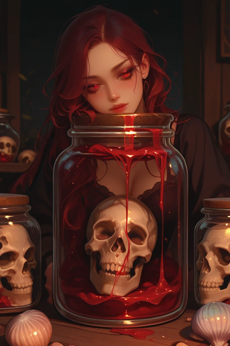 in the background skulls with lit candles, bloodbath girl with tied up blonde hair, yellow eyes, very pale skin, covered in blood, bathing in a tub of vibrant red blood, with medium breasts, white dress stained with blood, necklace gold on the neck. demon face, slight smile, macabre full of blood, scary image. around lit candles illuminating, in the background skulls with lit candles. the red blood from the bathtub partially covers her breasts, perfect female body and FullHD, 8K image