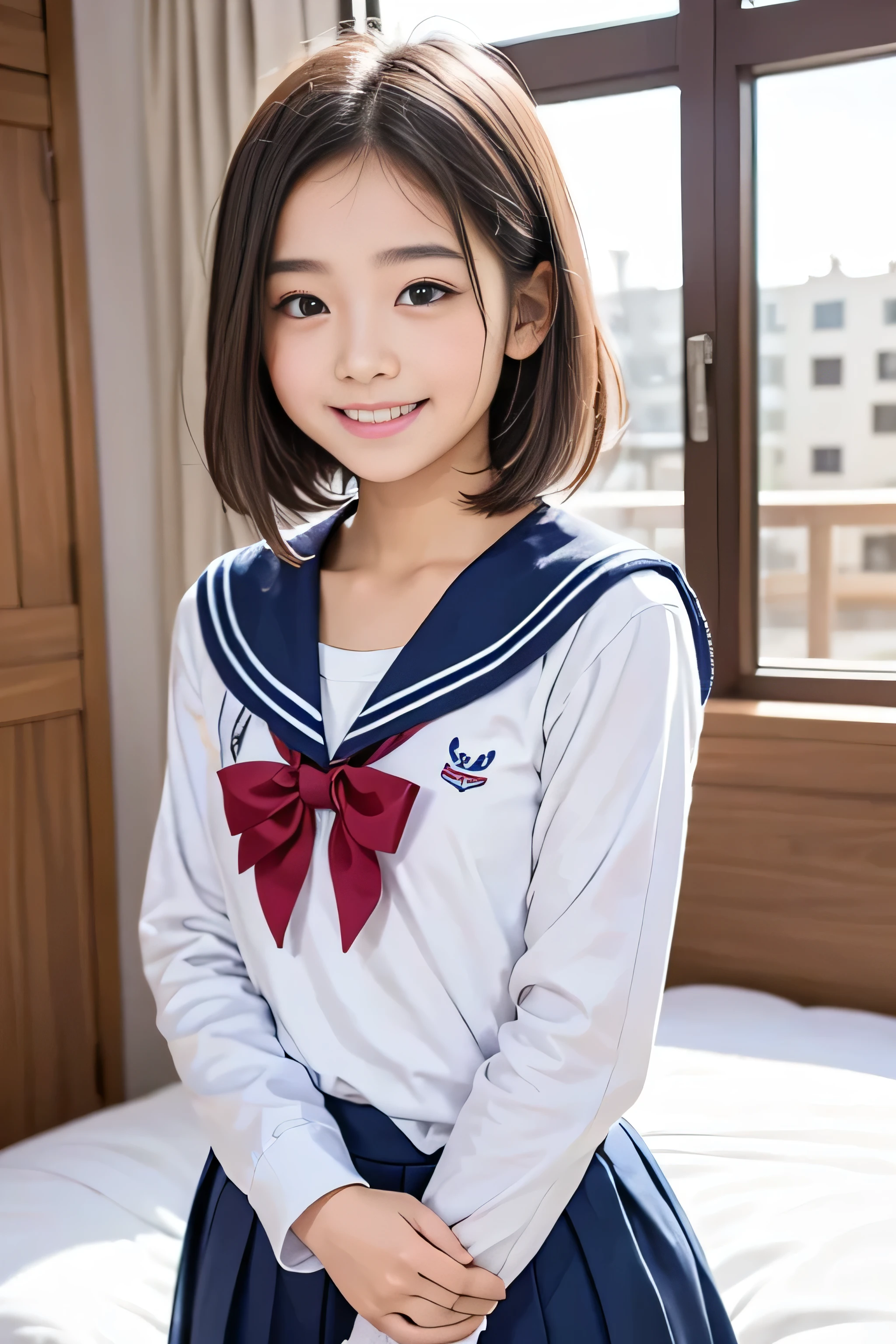 One Girl, short hair,Put your hair on your ears,Black Hair,smile,Inside the room, summer,bed,Sit down,Middle School1Grade,Sailor suit,Down to the feet,small bulge in the chest,,Look at this,transparent, (masterpiece, Highest quality), Soft Light, Structure of the film, Information like a movie