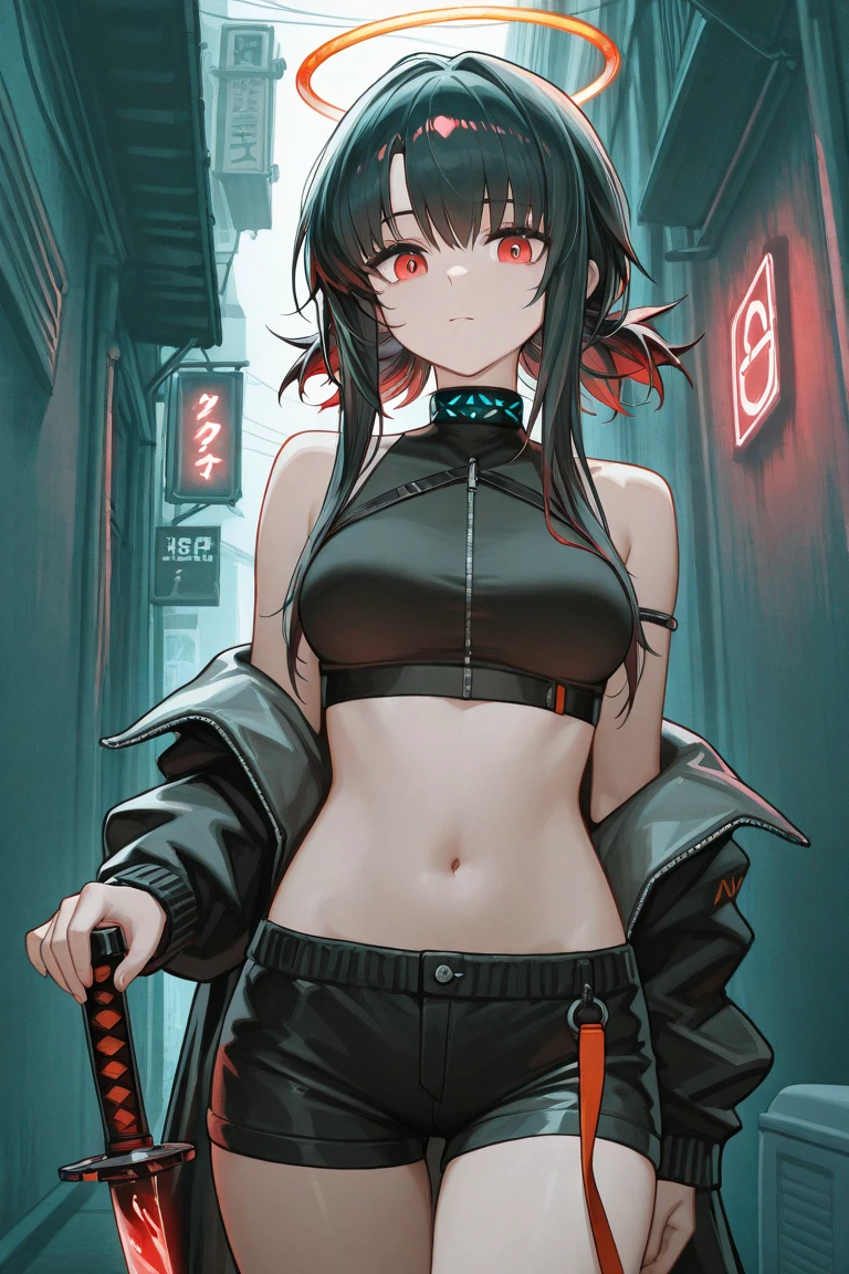 Solo, only child, glare, closed mouth, handcuffs, long black hair, ponytail, side lock, red eyes, glowing eyes, bright pupils, tattered suit, in an abandoned building, humiliation, shame, underwear, dark room, minor injury