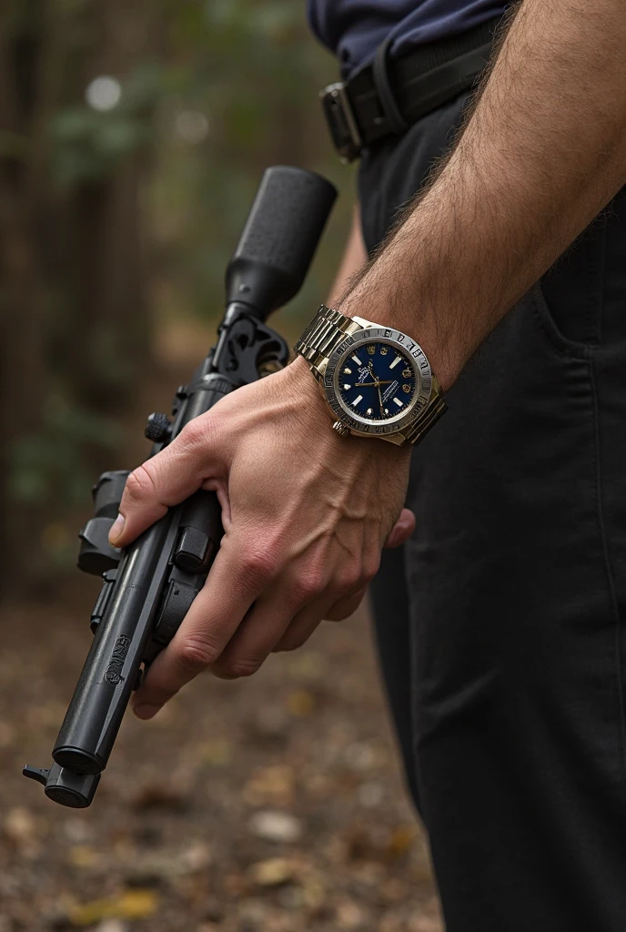 From the forearm down with a Gucci watch on the wrist and Glocks with extended, without showing the body only the arm, that it be a teenager's arm