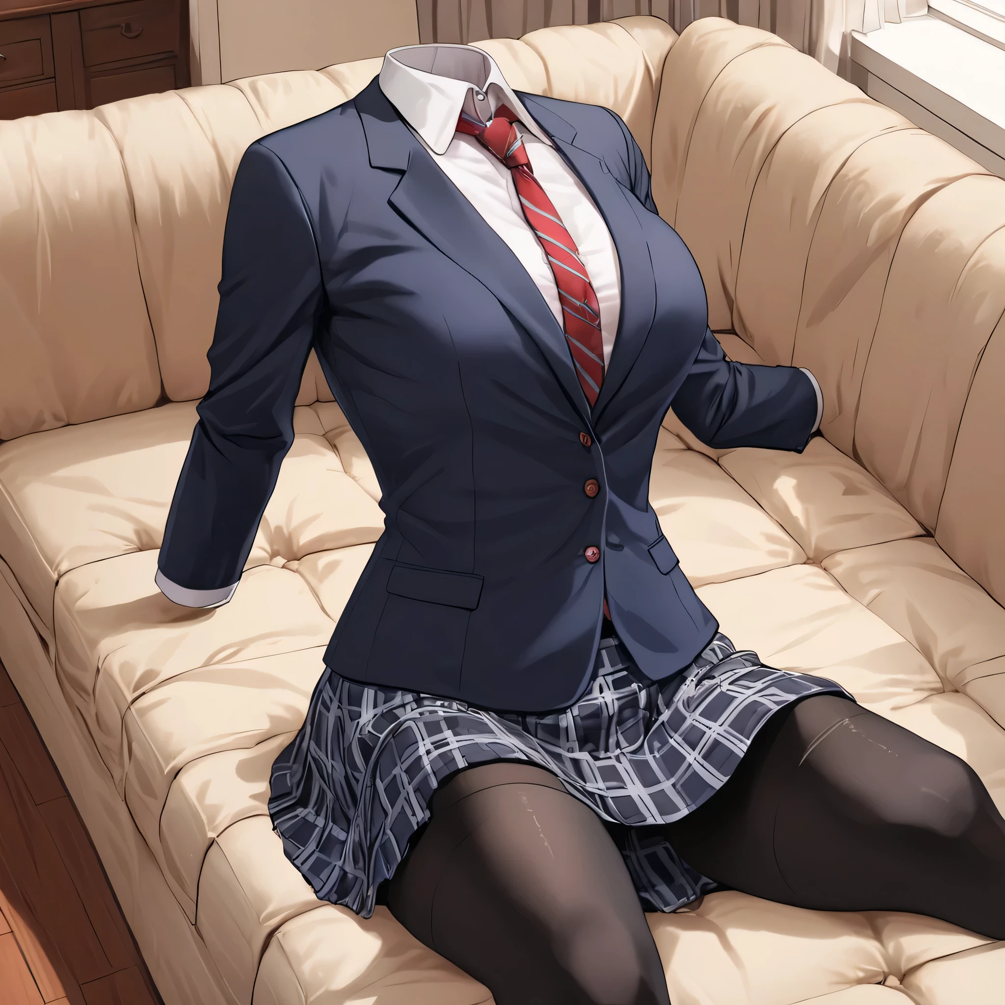 (invisible:1.5, no humans:1.5, headless:1.5, faceless:1.5), ( school casual blazer, plaid skirt, black stocking, on sofa, spread legs:1.2), long sleeve, striped panties, (big breast), (best quality, masterpiece:1.2), (((detailed cloth texture, detailed anime, super fine illustration)))