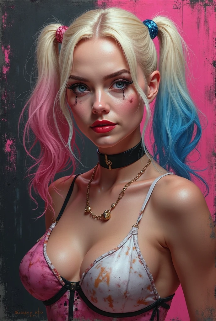 Harley Quinn, Drunken Beautiful Woman as Delirium, (Hallucinated Diamond coloring), punk rock, High Detailed, 8K, Sharp focus, natural lighting, sub-surface scattering, F2, 35mm, film grain, bloom, ray tracing, fully nude, fully body