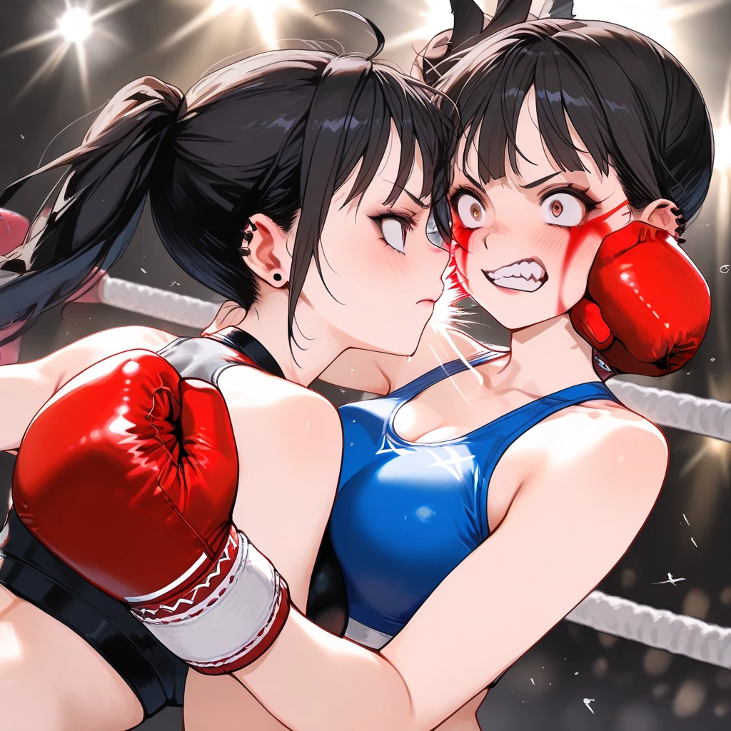 Boxing action Two women are boxing in the ring. The woman on the right hits the woman on the left in the cheek.. The woman on the left has her right eye closed, opening her mouth, and sweat.
