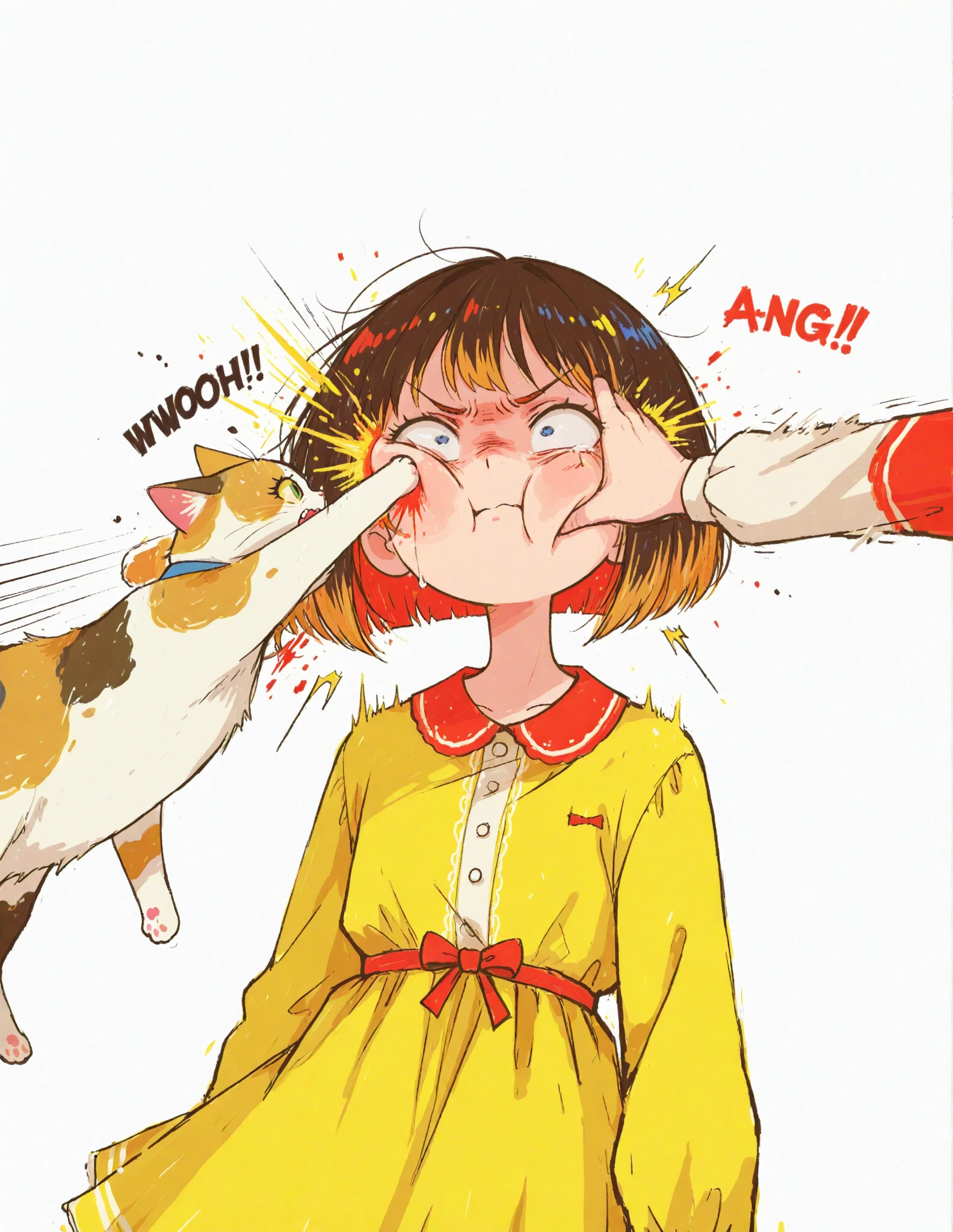 a calico cat punches a  girl's face intensely,the girl's face is distorted by impact,comical cartoon style,using bright colors,soft light,Painful atmosphere,fun air,simple background,High Quality,masterpiece, Onomatopoeia（HIT）with typography and effects lines,yellow dress、short bob,simple with white background,comical cartoon styleを強調,pain and comical violent expressions,calico cats are angry, and fat calico cat, anime moe art style, Cute Core, cute art style,  cute anime , Official Artwork, cute little character girl, face punch