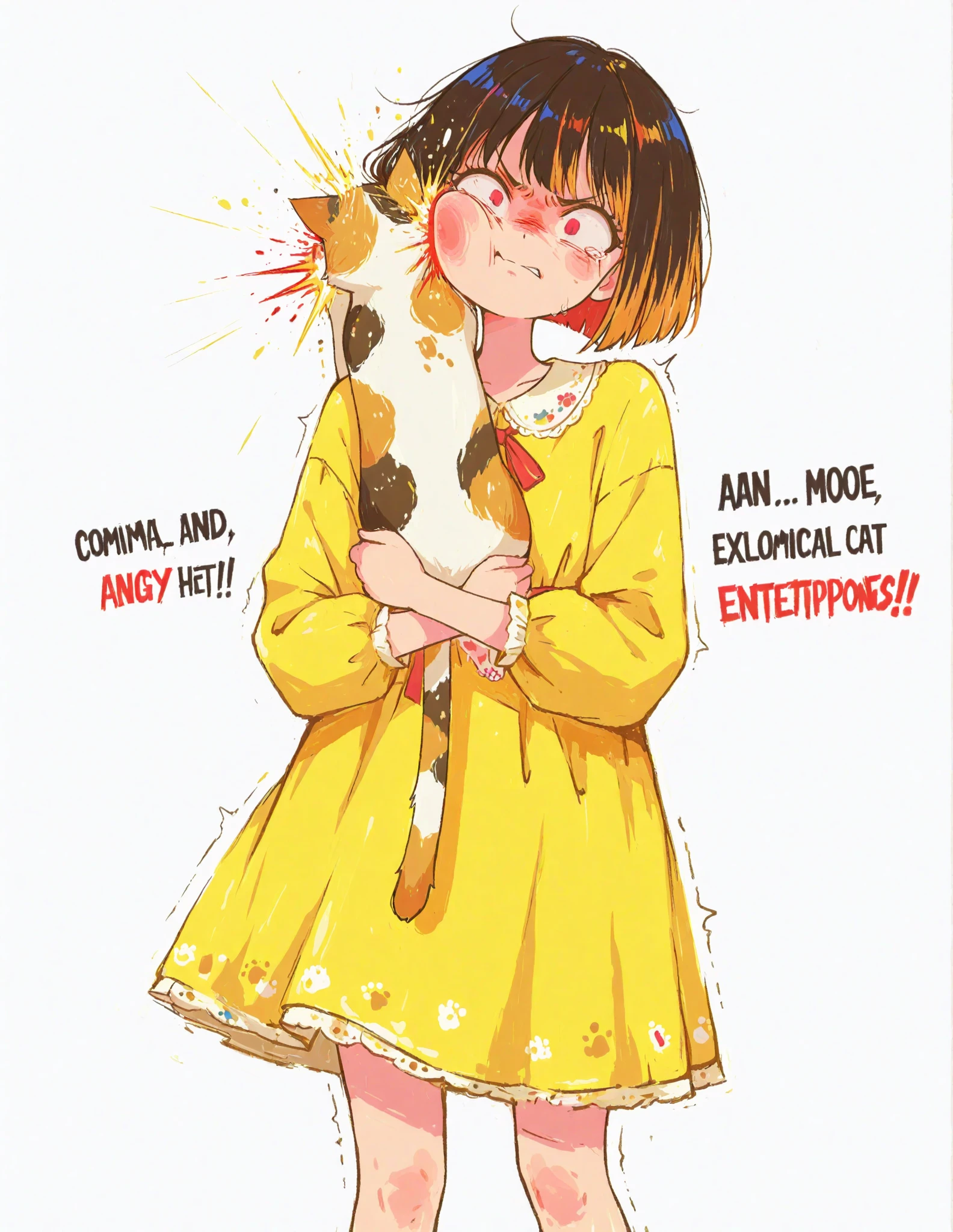 a calico cat punches a  girl's face intensely,the girl's face is distorted by impact,comical cartoon style,using bright colors,soft light,Painful atmosphere,fun air,simple background,High Quality,masterpiece, Onomatopoeia（HIT）with typography and effects lines,yellow dress、short bob,simple with white background,comical cartoon styleを強調,pain and comical violent expressions,calico cats are angry, and fat calico cat, anime moe art style, Cute Core, cute art style,  cute anime , Official Artwork, cute little character girl, face punch