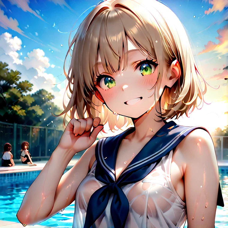 (masterpiece:1.2), best quality, high resolution, unity 8k wallpaper, (illustration:0.8), (beautiful detailed eyes:1.6), extremely detailed face, perfect lighting, extremely detailed CG, (kinomoto sakura, green eyes, smile, two side up, short stature, small breast, solo,), sitting, spread legs, no bra, show off nipple, nipple, school swimsuit, high leg, very torn clothes, open-breast clothes, vagina, gleaming skin, moist skin, embarrassed, open mouth, noon, pool, front view, looking at viewer, troubled face,