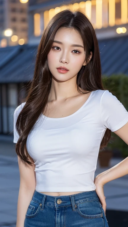 (best quality, 8ก, Masterpiece: 1.3), clear focus: 1.2, beauty: 1.4, abdomen: 1.1, brown hair, white dress: 1.4, Night outdoor activities: 1.1, city road, good face and eyes, Double eyelids. Add realistic lighting, Pay attention to the proportional adjustment...