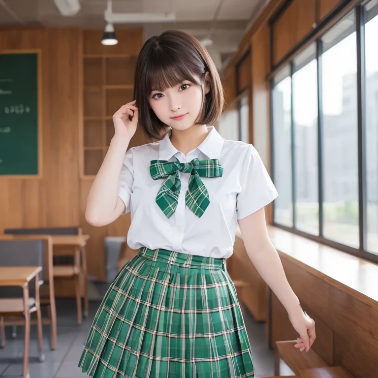 ((Highest quality))、(masterpiece:1.4)、RAW Photos、8K、((Best image quality))、 ((High resolution))、Beautiful face in every detail、Realistic human skin、Gentle expression、(One Woman:1.3 )、Realistic、Realistic、(Beautiful woman)、(Cute Japanese Girl)、(boyish:1.35)、((mannish))、((Beautiful woman))、(Beautiful Hair)、((Dark green hair))、(((Red cheeks)))、((Her eyes are big))、 year old beauty、(Her face is small:1.7)、Small Head、((Long neck))、White skin、Beautiful Skin、With bangs、Everyone longs for、のBeautiful woman、eight-headed body、(necklace)Looking into the camera、smile、Happy expression、very dark green short hair,Oily shiny knee socks、(The perfect school girl uniform:1.3)、Sailor suit with red ribbon、(Beautiful small breasts:1.3)、(Red checkered mini skirt:1.2)、sexy