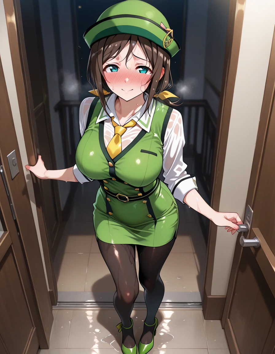 1girl in, wide hips, Colossal tits, Big ass, (Best Quality, 8K, masutepiece: 1.3), Clear focus: 1.2, Perfect Body Beauty: 1.4 , Slender Abs: 1.2,  Highly detailed facial and skin texture, Detailed eyes, Double eyelids, (Green jacket),(Green Super Mini Skirt)、(Green hat)  (Miss Thorpe welcoming guests)、Butt sticking out pose、(Short Bob)、Erotic Poses、Nasty smile、(incontinence)、full of sweat、One eye is hidden by hair、Full body like、(A dark-haired)、(Sex Worker)、Tongue licking、((Open your mouth))、Red face、Touching the crotch、Tazuna Surugawa(Uma Musume)、is in estrus