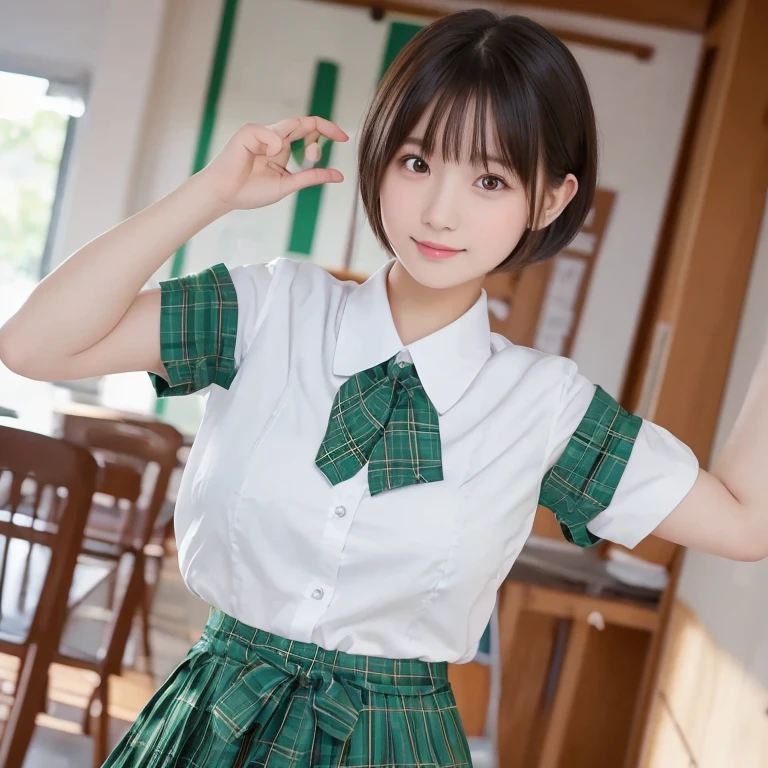 masterpiece, Highest quality, High resolution, Ayami, Very long hair, Both sides up, hair ornaments, , Green bow tie, White shirt, Sweater vest, Yellow vest, Short sleeve, Checked skirt, Green Skirt, Are standing, Cowboy Shot, smile, (((skirt lift))),(((Backwards)))(((Butt Show)))((Lying in bed))((White panties))((bukkake))