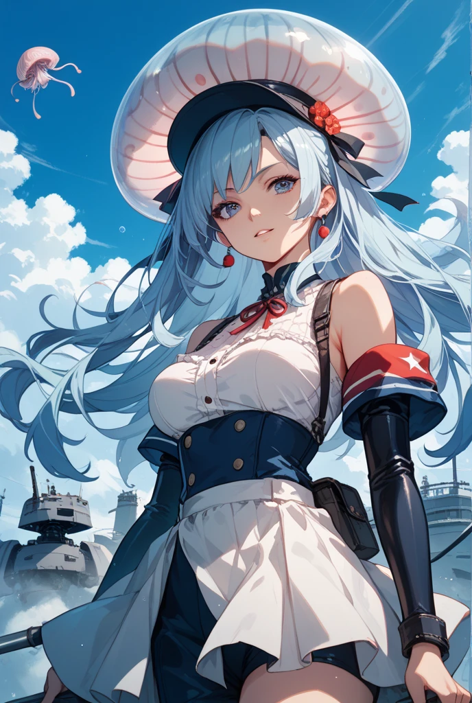 masterpiece, best quality, extremely detailed 8K wallpaper, 1girl, outdoors, Helena(Azur lane),strapless dress, dress, layered dress,white flower, hair ornament, purple eyes, (choker), outline, (black gloves), bare legs,
