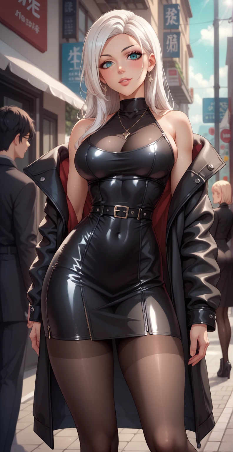 (masterpiece) Mulher, vestindo (( top esportivo de couro preto e vermelho, black leggings and a pleated leather skirt, jaqueta de pele longa, bota de cano alto com salto, holding a book in one hand and a glass of wine in the other)) , Appearance ((cabelo negro preso em um cabo de cavalo alto, modelo plus size, olhos castalhos brilhantes, olhos detalhados, labios vermelhos)), ambiente, andando em uma rua enoevoada ao por do sol