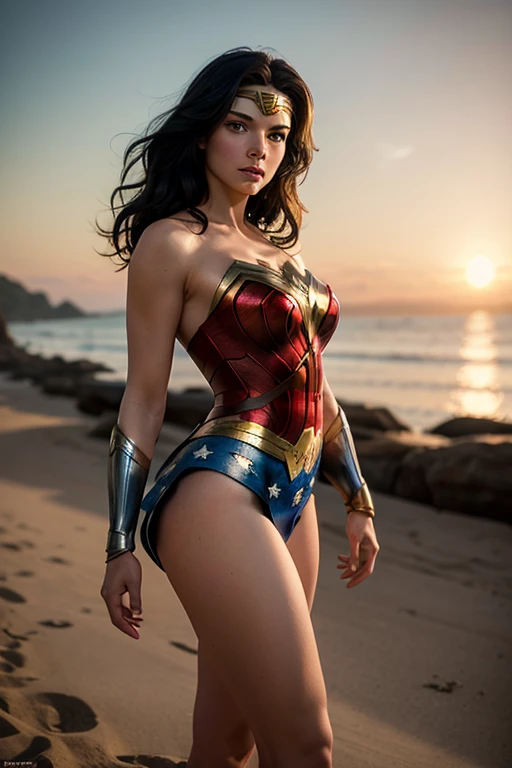 PhotoRealistic Art Style Best Qualit:1.3, Natural Beauty, Masterpiece, Full Body View Visible, Hailee Steinfeld, Perfectly Accurate Face Proportion,Realistic Light Hazel Brown Eyes, Thick Eyebrows, Brown hair, slim toned Thighs, tight ass, perky round breast , slim athletic body type, perfect body type, wonder woman, Contemplative Stance with Emphasis on Buttocks: In a relaxed yet thoughtful pose, Wonder Woman’s tight suit outlines the natural curves of her body, focusing on the shape of her buttocks. Her hand on her chin and the other arm crossed over her chest further accentuate the snug fit, highlighting her athletic build.