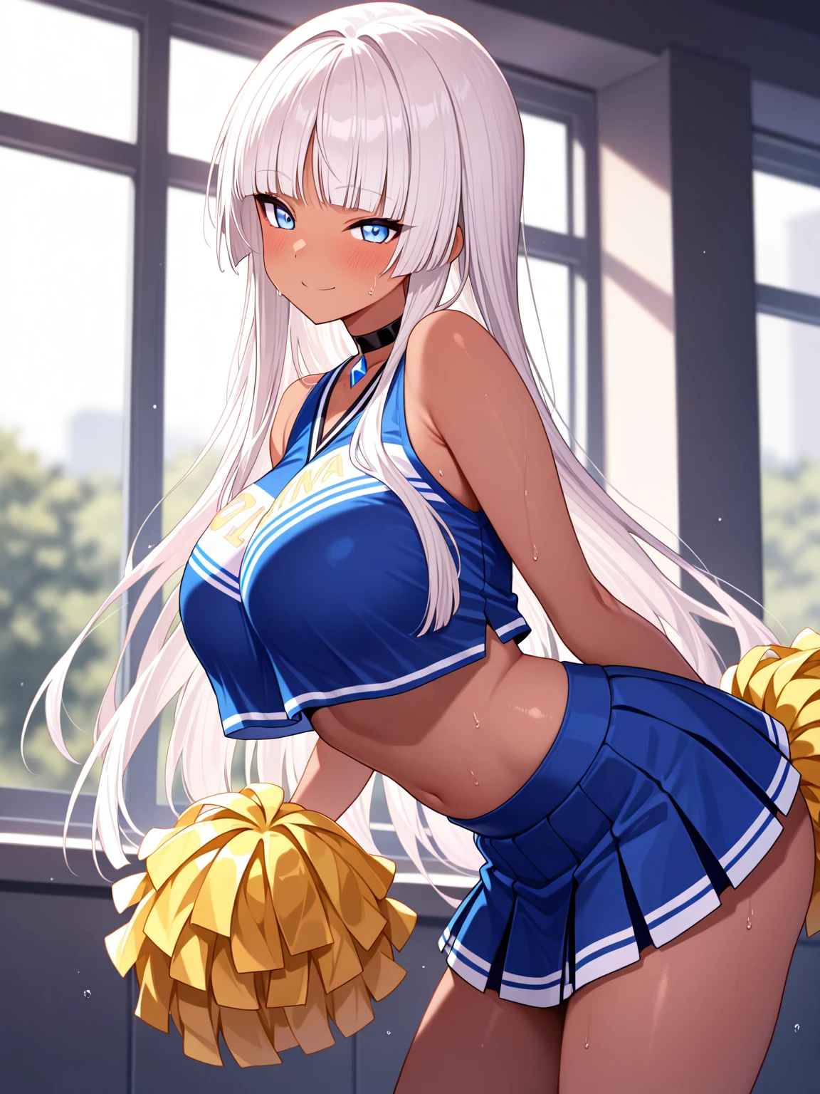 Solitary,girl,White hair, (((Full and soft breasts,)))(((Huge breasts))) (((Cleavage))) (Perfect curvy figure), ,Ahegaio,Double tail,Thin legs,earrings,Necklace,Looking at the audience,Cheerleader,High Leg Raise,High heel