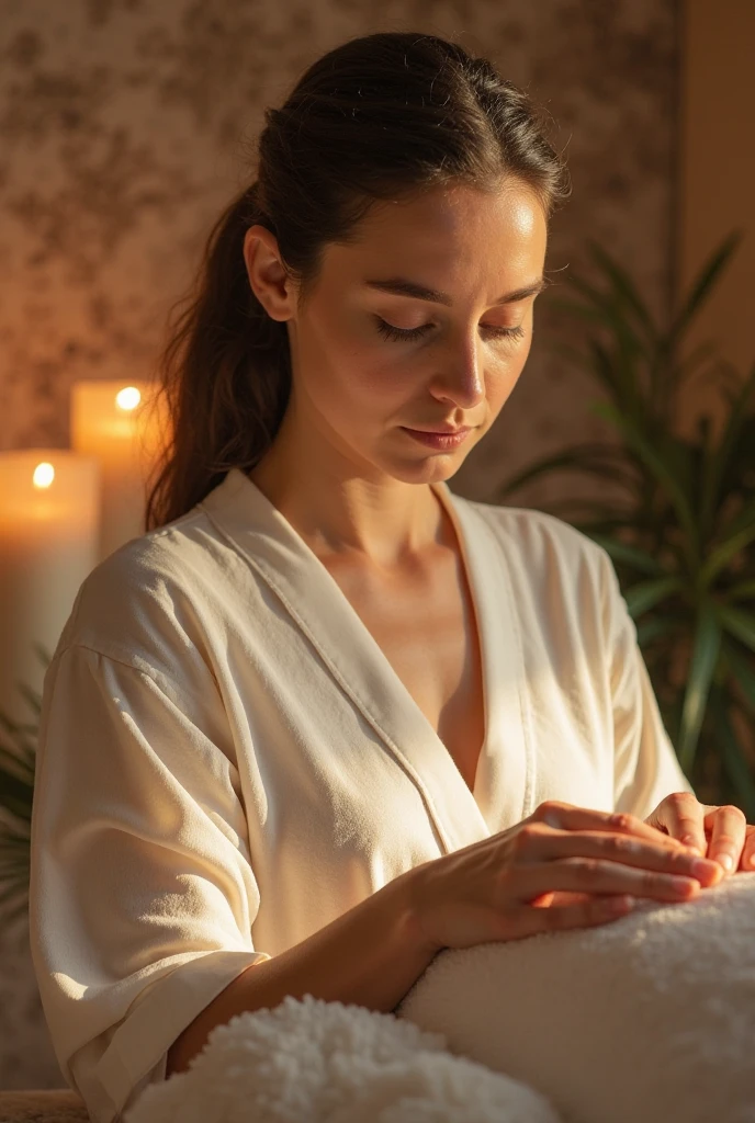 A woman dressed in white clothes, with short hair, standing with her hands spread out on her forehead, not touching a woman lying on a stretcher with her eyes closed, covered to the bust with a blue sheet, apparently calm, in a lit environment with beams of light entering through the window., The environment has candles, incense and a painting with the 7 chakras of Ganesha