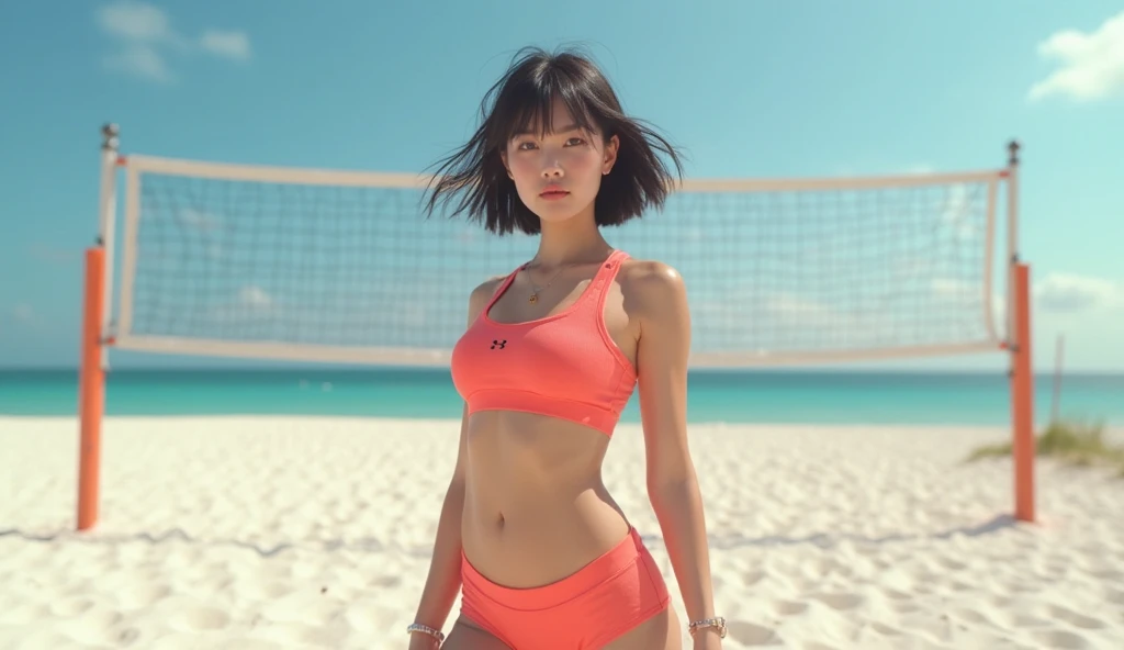 (Solo), (a detailed full-body RAW photo of a girl), (masutepiece:1.0), (Best Quality:1.4), (超A high resolution:1.2), (Photorealistic:1.4), 8K resolution, Canon EOS R5, 50 millimeters, absurderes, ultra-detailliert, (40yo), back focus, Cinematic lighting, Detailed beautiful face, (no-makeup:1.2), (ulzzang -6500-v1.1), figure, Detailed skin texture, (flat chest:1.4), (skinny and fit body:1.6), Detailed brown hair, sweltering,(Very short hair:1.5), See Through wear, (neon colour Nike Competition beach volleyball bikini:1.5), More transparent, low rise, realistic glistening skin, Detailed texture, (erect nipples:1.5), (aya ueto:0.9), Cameltoe, well-developed abs, (open wide legs:1.2), (beach)