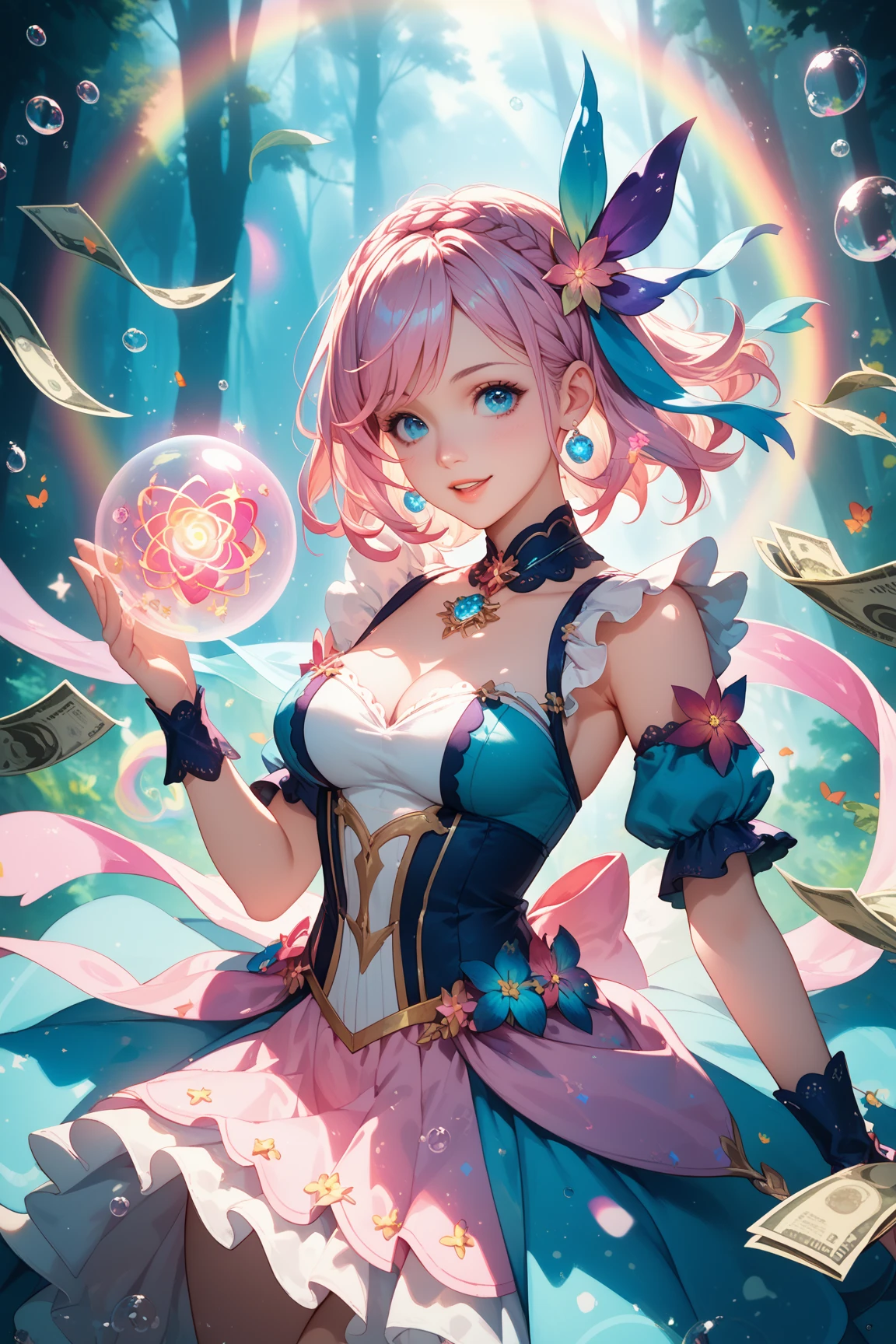 Melody Mark,highest quality、Tabletop、1 female、alone、(Abstract art:1.4),(Psychedelic Theme:1.6),(Gunjo World:1.5),(Lots of creatures:1.5),(Space World:1.5),(At the center of the world is the most beautiful woman in the world),(Many stars are falling:1.5),A ray of light spreads,Crystals spreading from the center,Prisma(Nostalgic scenery:1.5),(Colorful flowers:1.5),Garden Girl,Absurd, Very detailed,Bright colors, Very beautiful and detailed anime faces and eyes,short hair,Asymmetrical bangs, Blonde hair in short pigtails, Shiny Hair, Delicate and beautiful face, blush、blue eyes, White skin, Valletta, Earrings, necklace,