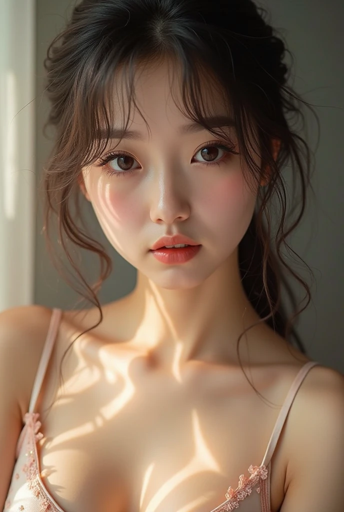 Adorable, Japanese, , Cleavage, close_Upward facing face, upper_body ,, , (High color saturation,Catchlight:1.0), (Highly detailed skin), (Highest quality:1.0), (Ultra-high resolution:1.0) ,(Like the picture:1.0), (Ultra-detailed:1.0), (8k, RAW Photos:1.1)Beautiful woman、Cute little sister、Upper body naked、ponytail nude naughty sex full body shot spreading pussy pussy girl wet pussy bottom view:1.4