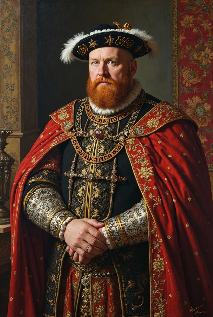 frontface, copper hair man in top hat long beard wearing a string of black red and white beads, very strong mass beefy body wearing black and red silk pants with felt cape with black collar barefoot in florest, thick dick cumming, show cock, Very hairy body