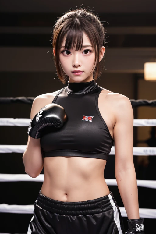 A pretty girl with perfect figure,(Lori,14years, teens), (lacy fabric,pink one-piece swimsuit), skinny thigh,skinny,Very small breasts,(Straight super short bob cut hair,bangss),Stand in the ring of professional wrestling,extremely detailed face and skin, Detailed eyes, Double eyelids,Put your hands on your hips,knee high socks,Wrestling boots,Lace gloves,Nogizaka46,fight in professional wrestling