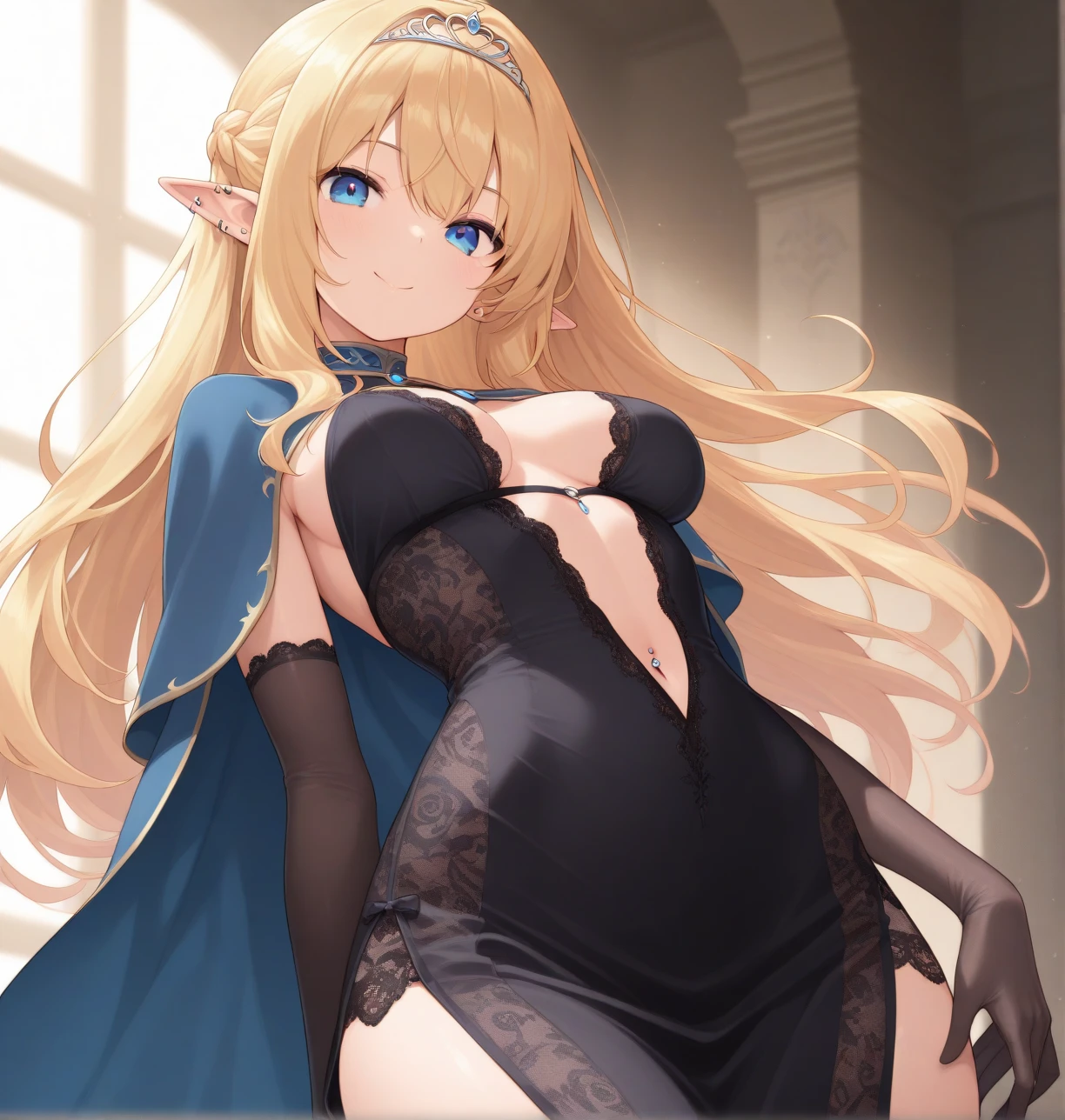tall body, tall, long legs, mature female, mature, adult, simple background
eft_eminence_elf, 1girl, long hair, solo, blonde hair, very long hair, dress, smile, blue eyes, looking at viewer, pointy ears, standing, window, black dress, bracelet, jewelry, indoors, breasts, closed mouth, elf