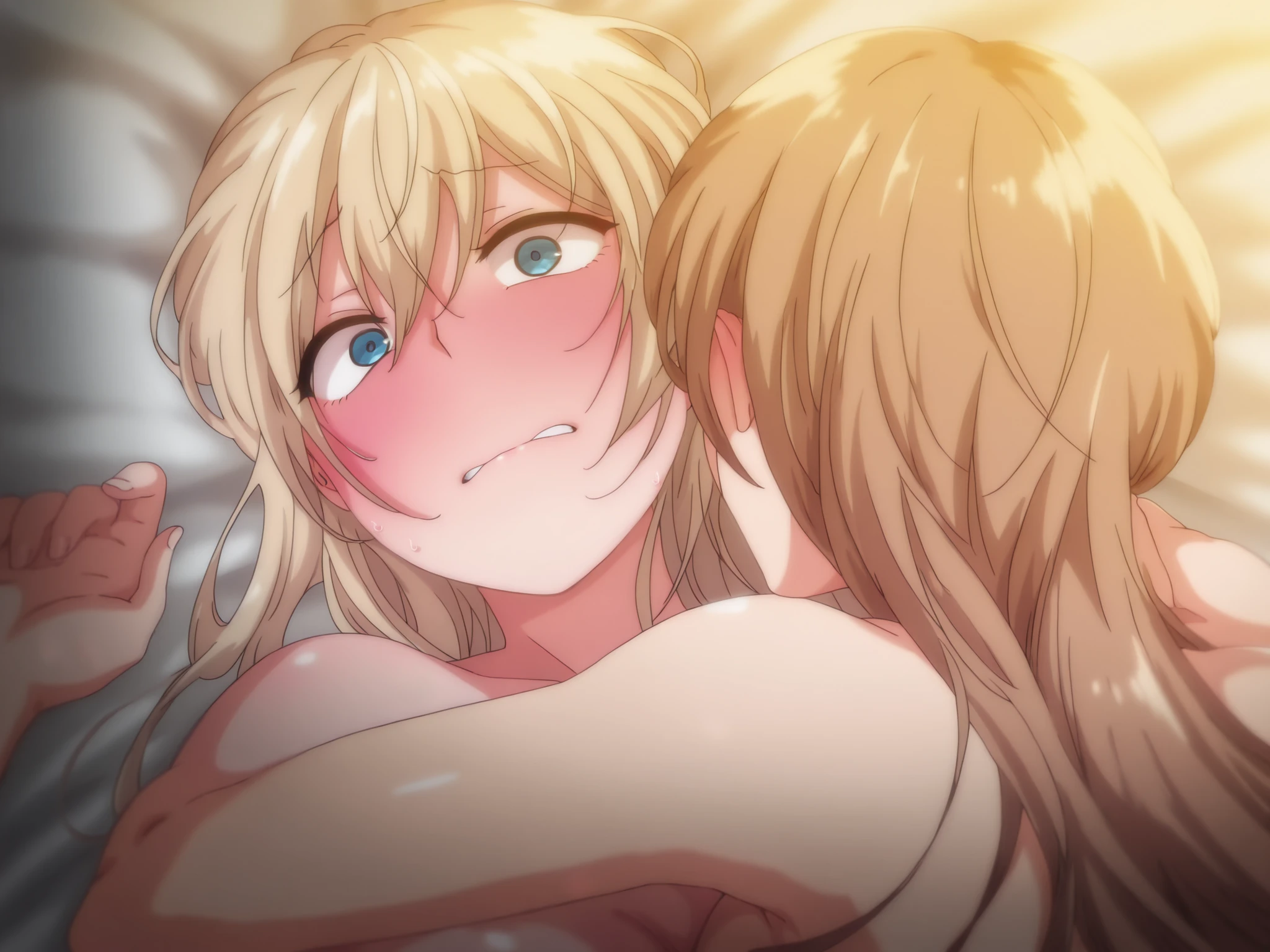 masterpiece, best quality, amazing quality, 2 girls , kurashiki reigns, long hair, blue eyes, blonde hair, chisa, alone, chisa_IlXL, brown hair, lying up, naked, covered by the duvet, shocked, shy, blushing,