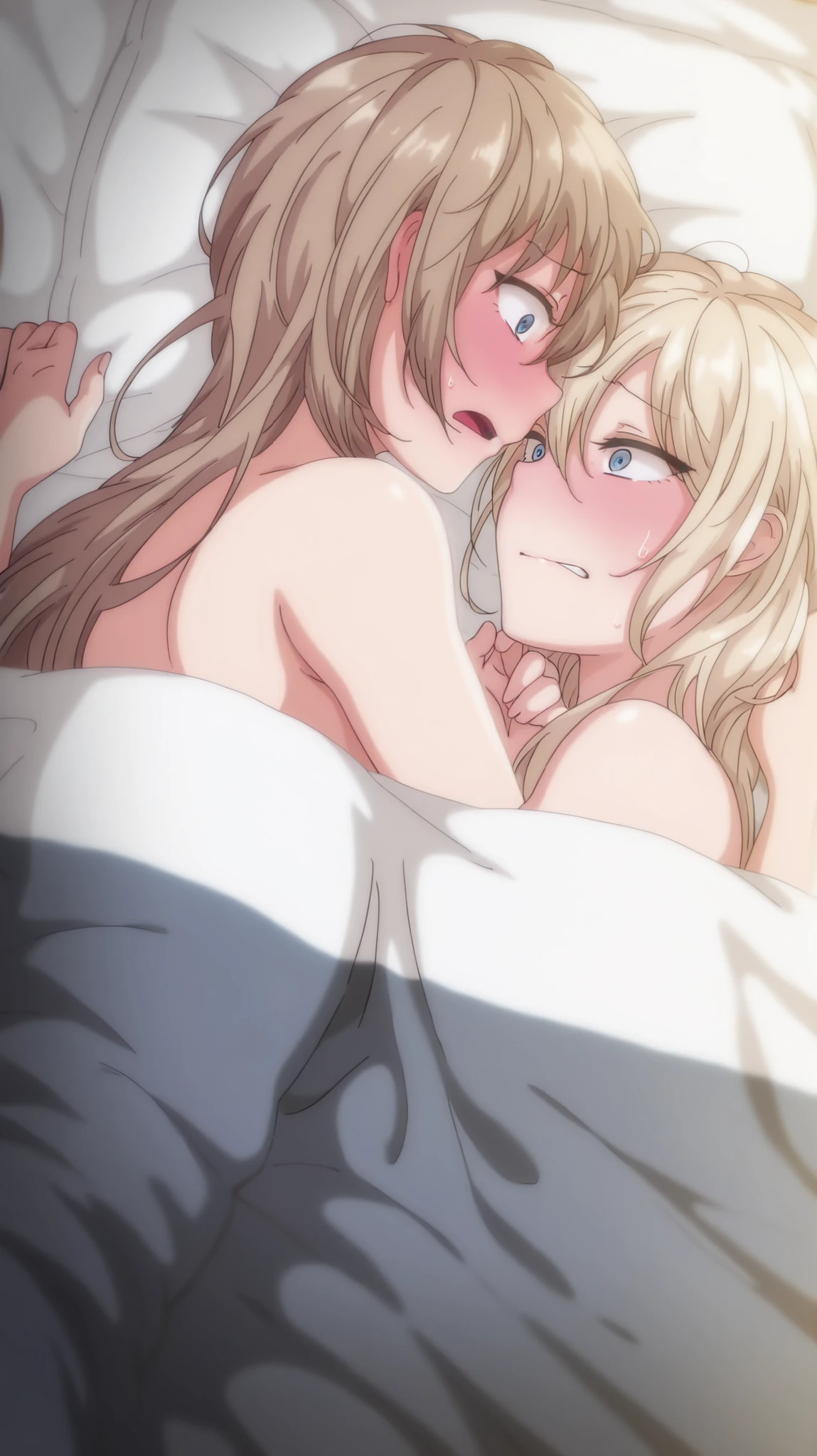 masterpiece, best quality, amazing quality, 2 girls , kurashiki reigns, long hair, blue eyes, blonde hair, chisa, alone, chisa_IlXL, brown hair, lying up, naked, covered by the duvet, shocked, shy, blushing,