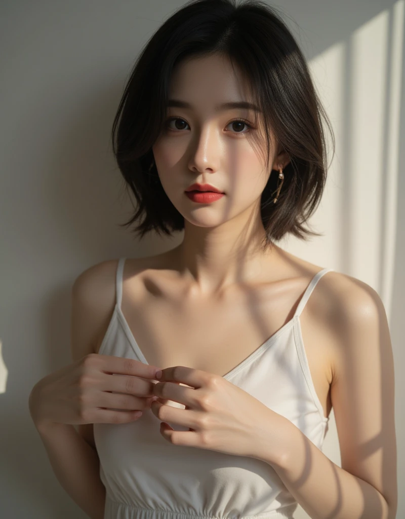 ((Tabletop,highest quality)), (Like the picture:1.4),(((Tabletop,8k)),White wall,(White Room),((Full body photo))),Photographed in natural light,Highly detailed face and skin texture,Highly detailed lips,The correct state of the human body,Ultra-high resolution,(Realistic:1.4),highest quality, 1. Beautiful woman, 20-year-old, S, 60mm lens,(Pixie Cut),Japanese women,(Black Hair),Various poses,Looking into the camera,Natural lip color,Professional Lighting,Mole,Small breasts,