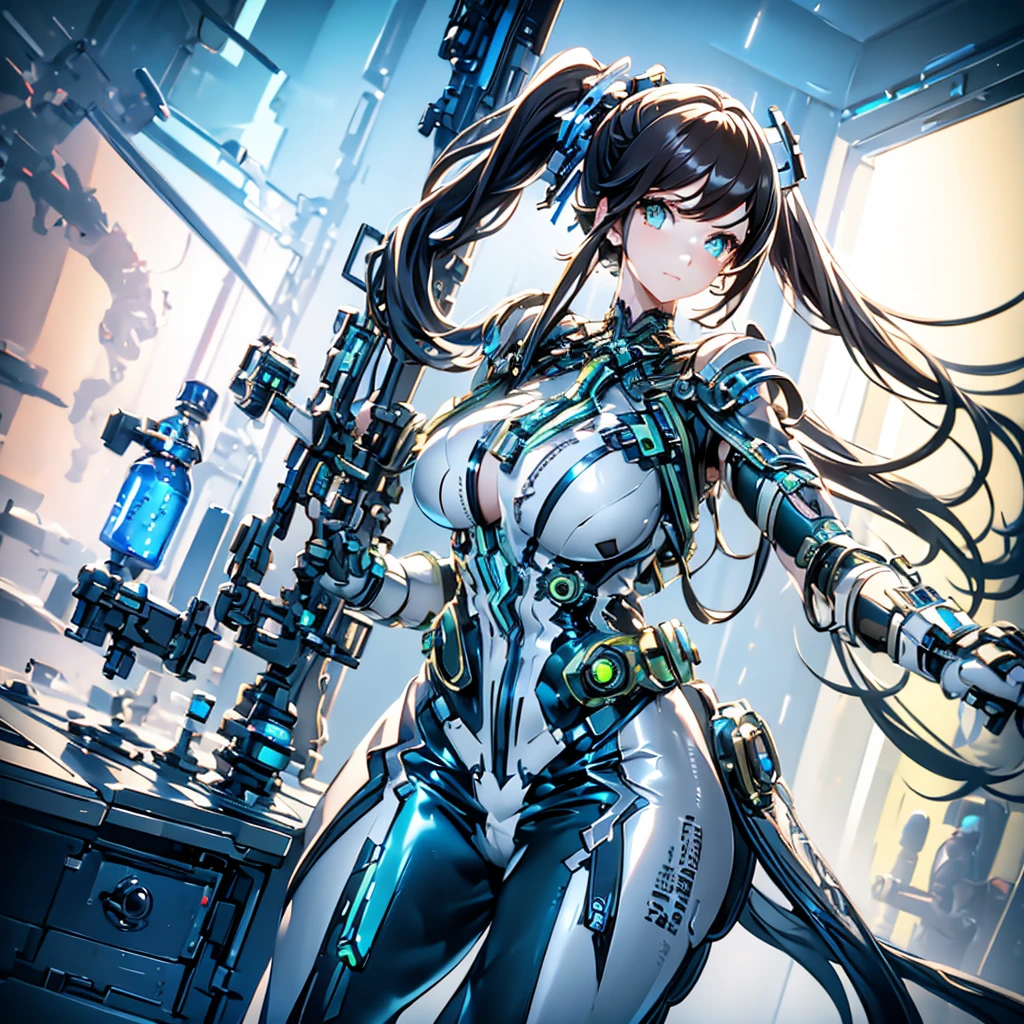 masterpiece, high quality, During the surgery to convert the machine、Minami Kotori, who has been turned into a mechanical body cyborg、Surgery to convert to a gynoid cyborg body with exposed mechanical parts、Blue and white leotard-type mechanical armor、The whole body from the neck down is precision-machined.、Single image、Full-body shot from the front