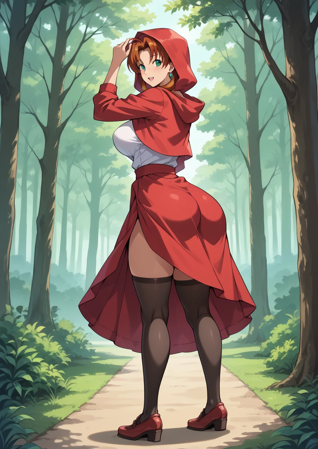 Sexy asian woman, big breasts, red hair, little red riding hood cosplay, sexy, micro skirt, view from behind, upskirt view, in the forest