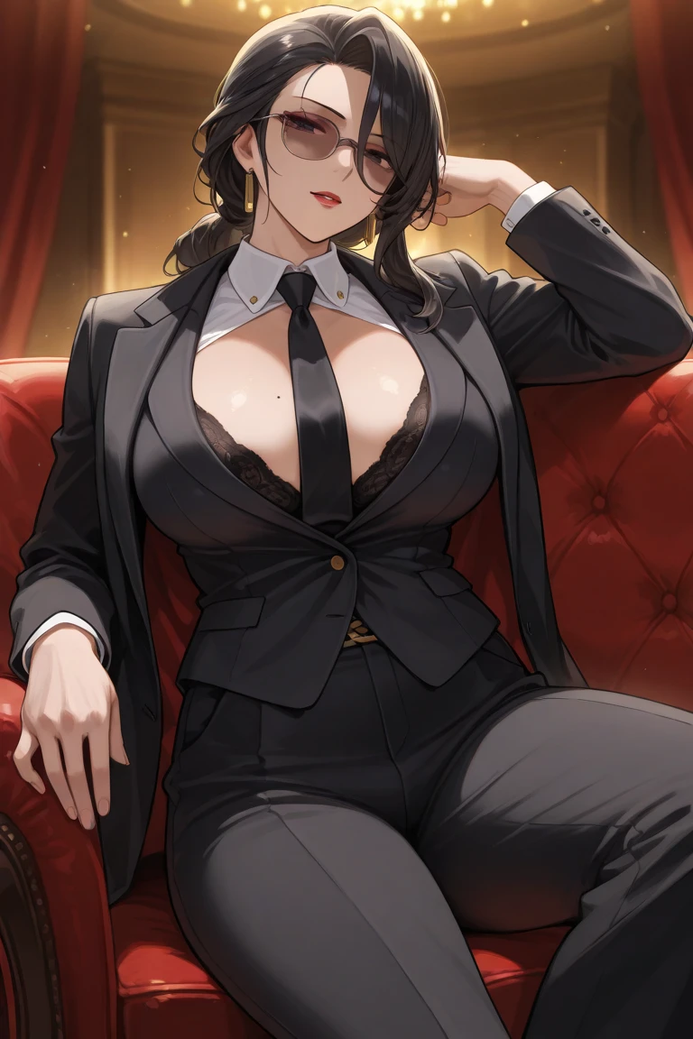 ((Correct Anatomy))、(Pleated mini skirt)、((Black Pantyhose))、((Sweat))、 Cosplay、(((Sexy pose))),((Sleep on your back on a luxurious bed)),Ultra-high resolution, Mature Woman, Mature Woman, Very detailed, ((Beautiful legs)), Perfect hands, Detailed fingers, Beautiful fine details, (((School Uniform Costume)))、(Flashy lace string panties), ((Long Hair)),((ponytail)),Black choker, Earrings,(Black Stockings), (Big Breasts),Perfect Eyes, Seductive eyes, Glasses