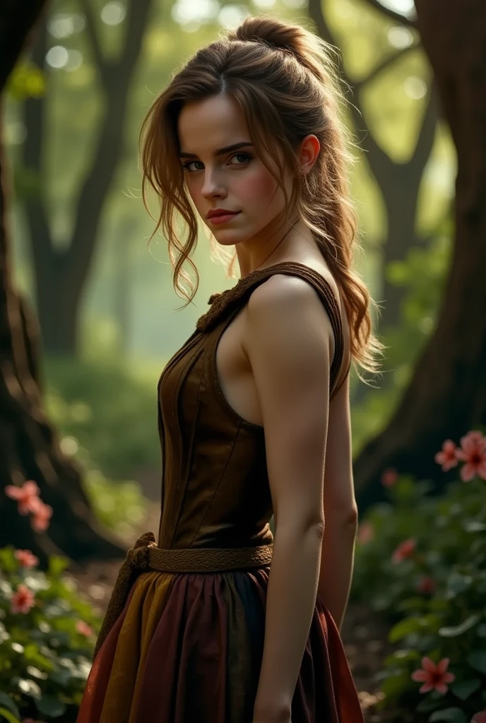 (((Emma Watson))), Hyperreal photo of ((Woman in a crowded barn wearing a sexy worn, torn cotton tank top)), ((detailed realistic face and eyes)), cinematic lighting, 8K resolution, (model shooting style), sunset, (from_below:1.4), soft small, covered by (torn, torn cotton tank top), natural breasts
