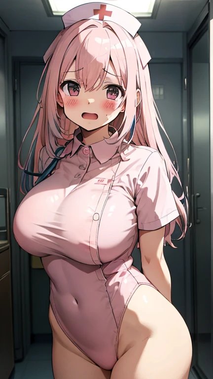Pink Long Hair，dual horsetail，Yellow eyes，，Big breasts loli，Bandages are wrapped around the body as clothing，There are also bandages on the hands，Wearing a white coat，In the classroom with a sense of technology in the future，Crying and tearing，Pink vest underwear