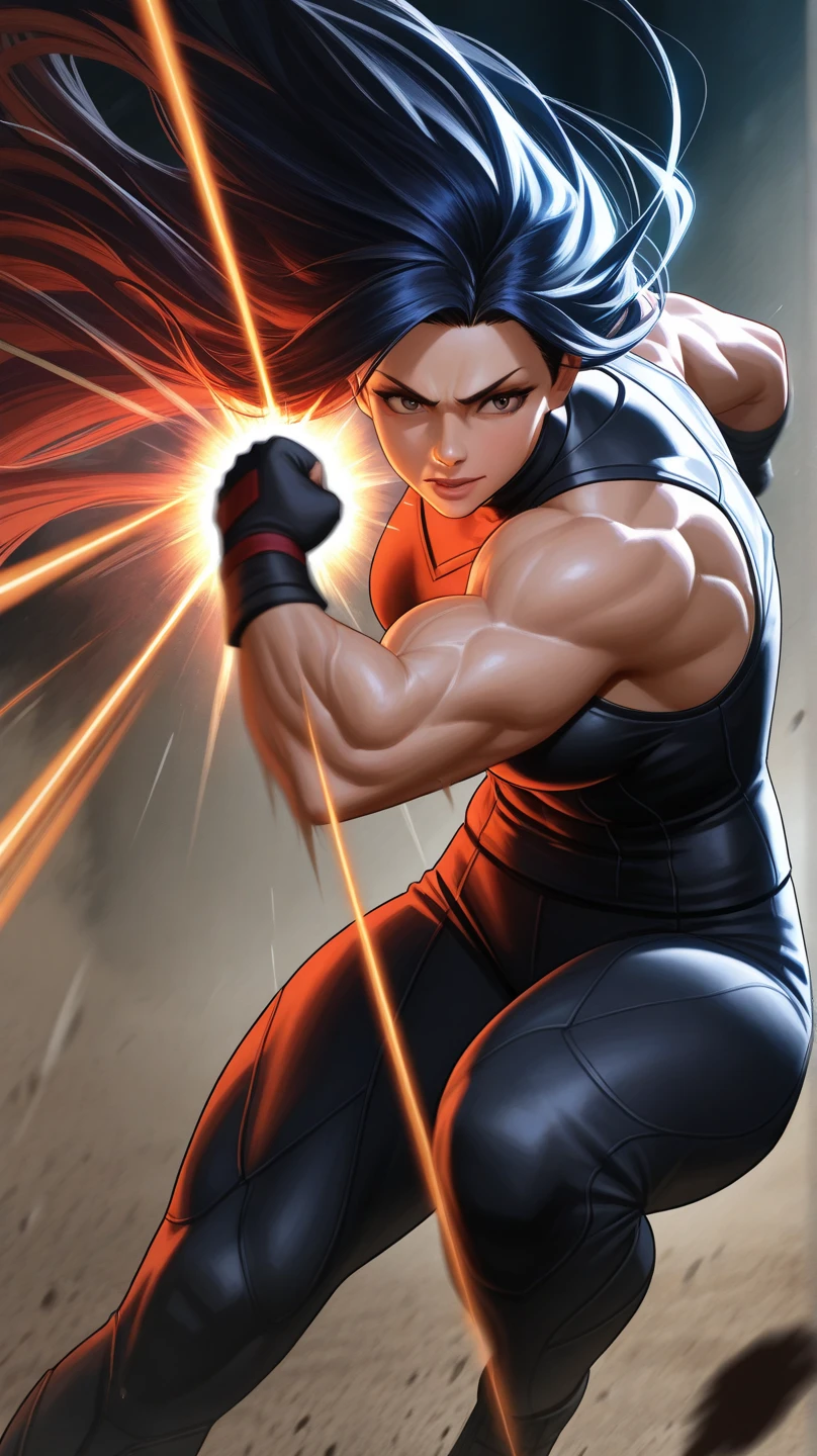 (Obra-prima), Uma mulher com cabelo preto, cabelo longo, cabelo solto (melhor qualidade), Ultra resolution, arte profissional, ultra detalhado, perfect lighting, corpo atletico, forte e musculoso, fisiculturista, peitos grandes, black sweatpant, manto preto, cropped preto, Ninja, expression serious, de frente para o espectador, foco feminino, seios grandes, desenho de anime japones, Illustration inspired by Masashi Kishimoto