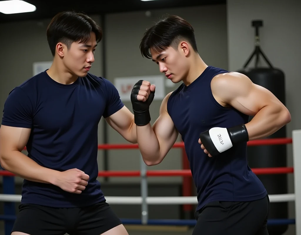 Korean man, Inspiration from Peng Yuyan, 30 years old, 236 years old, Cute Korean Face, 35 yo, 33 year old Korean muscular man，Gym in the background, black t-shirt