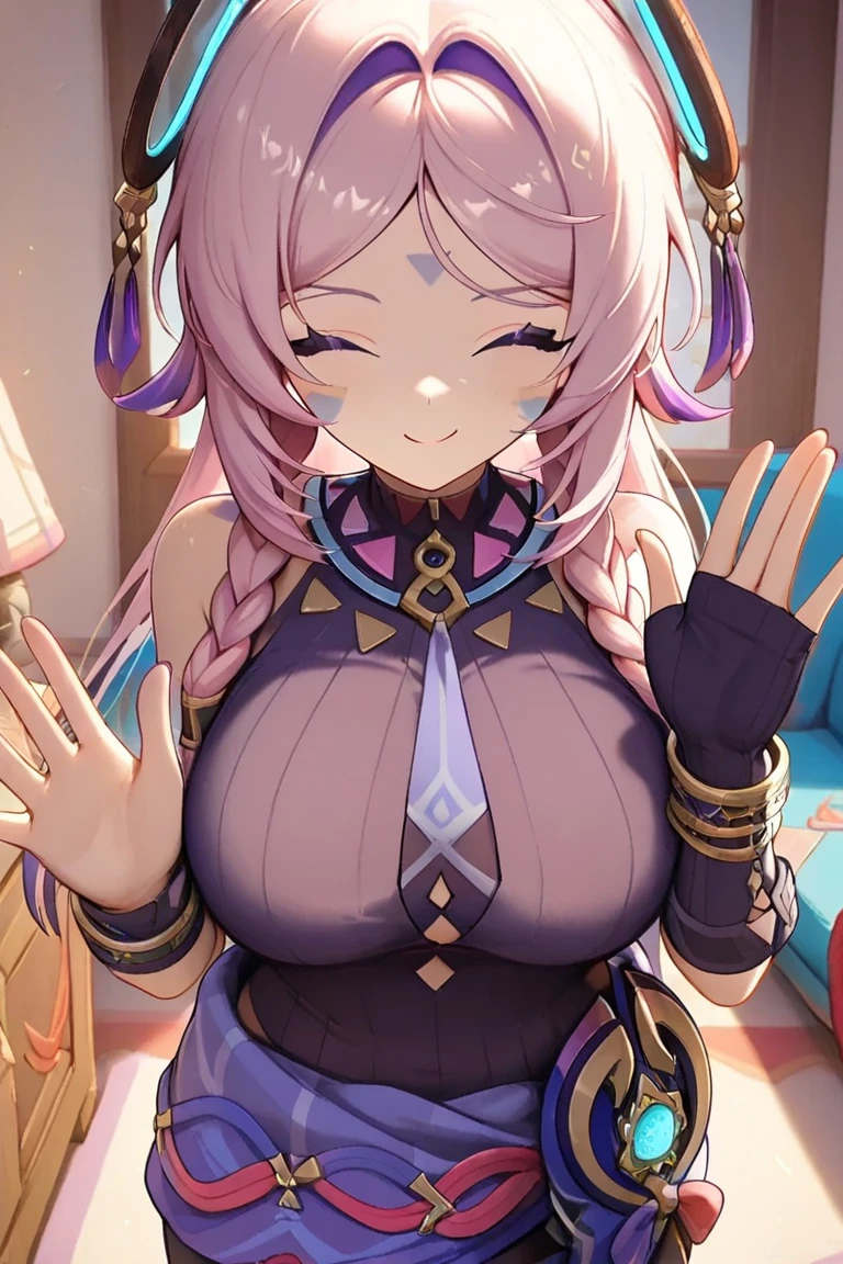 1woman, Citlali, Genshin Impact, large breast, pretty, facing viewer, HD, Anatomically Correct, Accurate, waving hands at viewer, at home standing next to the sofa with plushies, smiling, bluish face