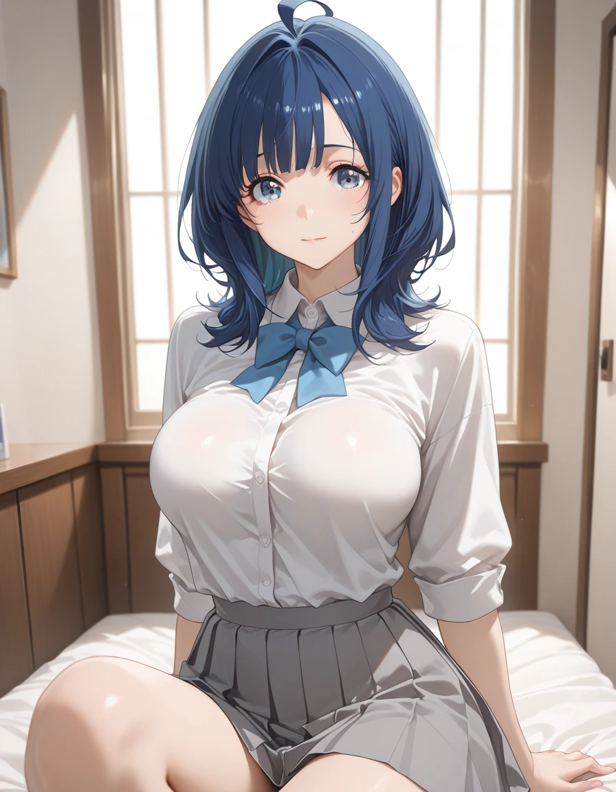 Beautiful Lights, 1 girl, Solitary, madder, White shirt, Sweater vest, Black vest, Blue tie, ((anime style))、((2D))、laughter、open mouth,Big breasts,Expose cleavage,Pregnant