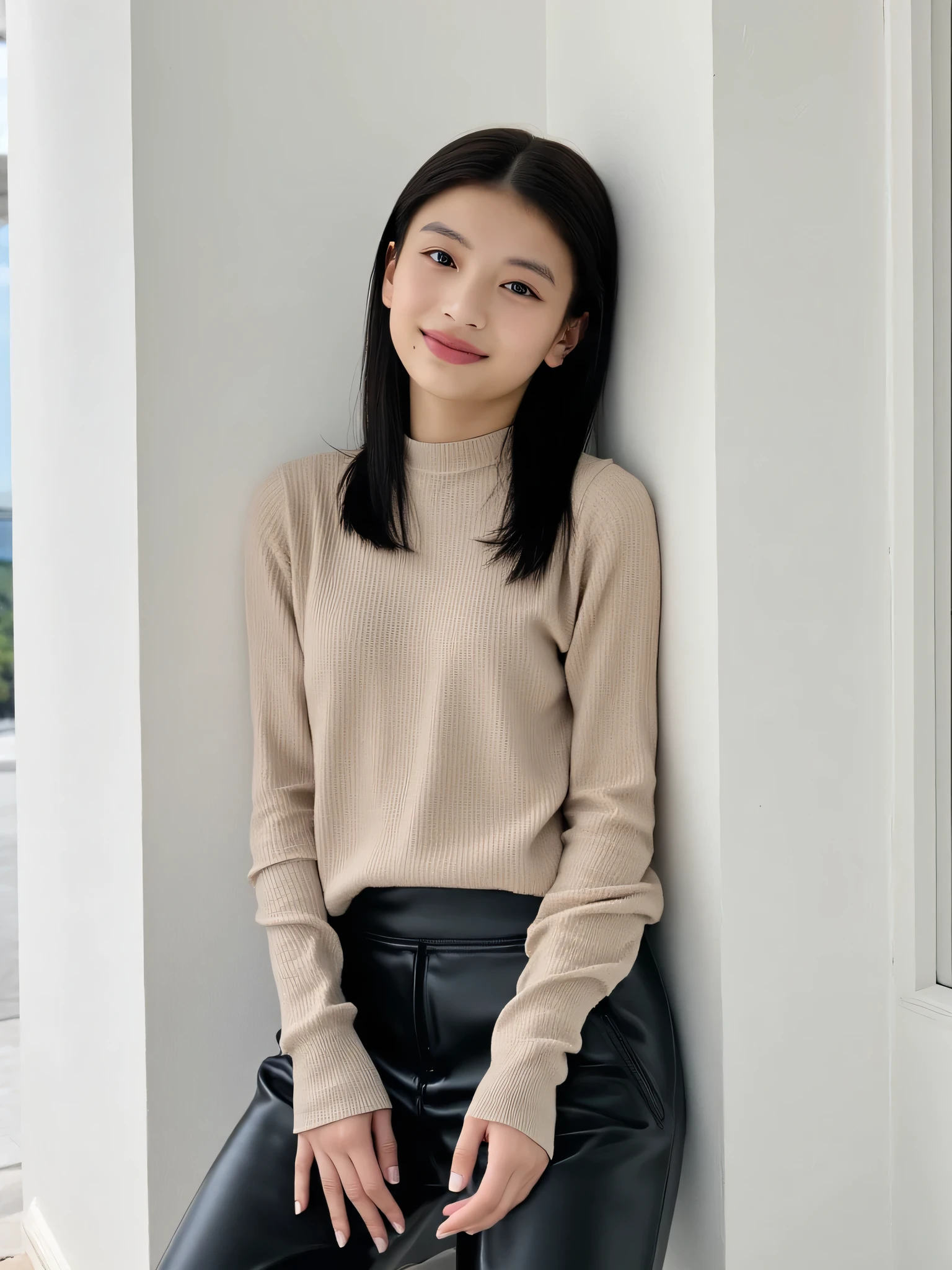 Full body image, full body shot,  a Japanese cutie girl, 20 years old, (The angle is horizontal), wearing beige knit shirt, ((wearing Black leather pants)) ,  black long hair, smiling, detailed writing, Female Best Image Quality、 super high resolution、( realism:1.4)、 sexy makeup 、 A body that makes you want to touch it 、Realistic Leather Texture 、 Clothes made of smooth leather fabric 、 Curved leather drape 、The costume has a strong shine, Quality of the costume、8K High Resolution