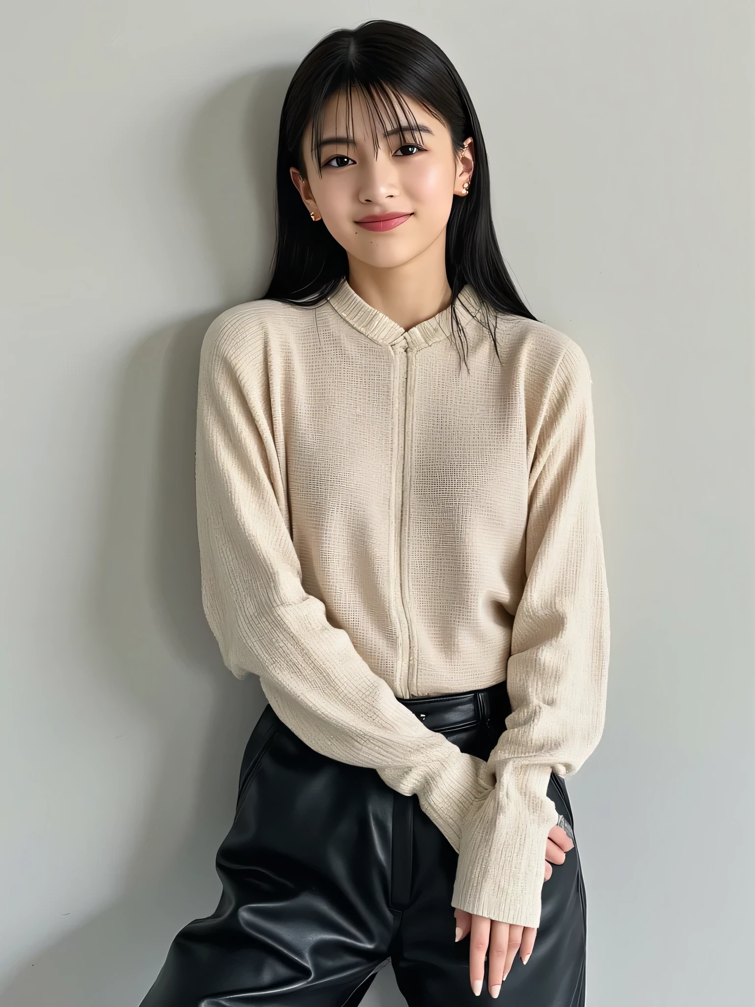 Full body image, full body shot,  a Japanese cutie girl, 20 years old, (The angle is horizontal), wearing beige knit shirt, ((wearing Black leather pants)) ,  black long hair, smiling, detailed writing, Female Best Image Quality、 super high resolution、( realism:1.4)、 sexy makeup 、 A body that makes you want to touch it 、Realistic Leather Texture 、 Clothes made of smooth leather fabric 、 Curved leather drape 、The costume has a strong shine, Quality of the costume、8K High Resolution