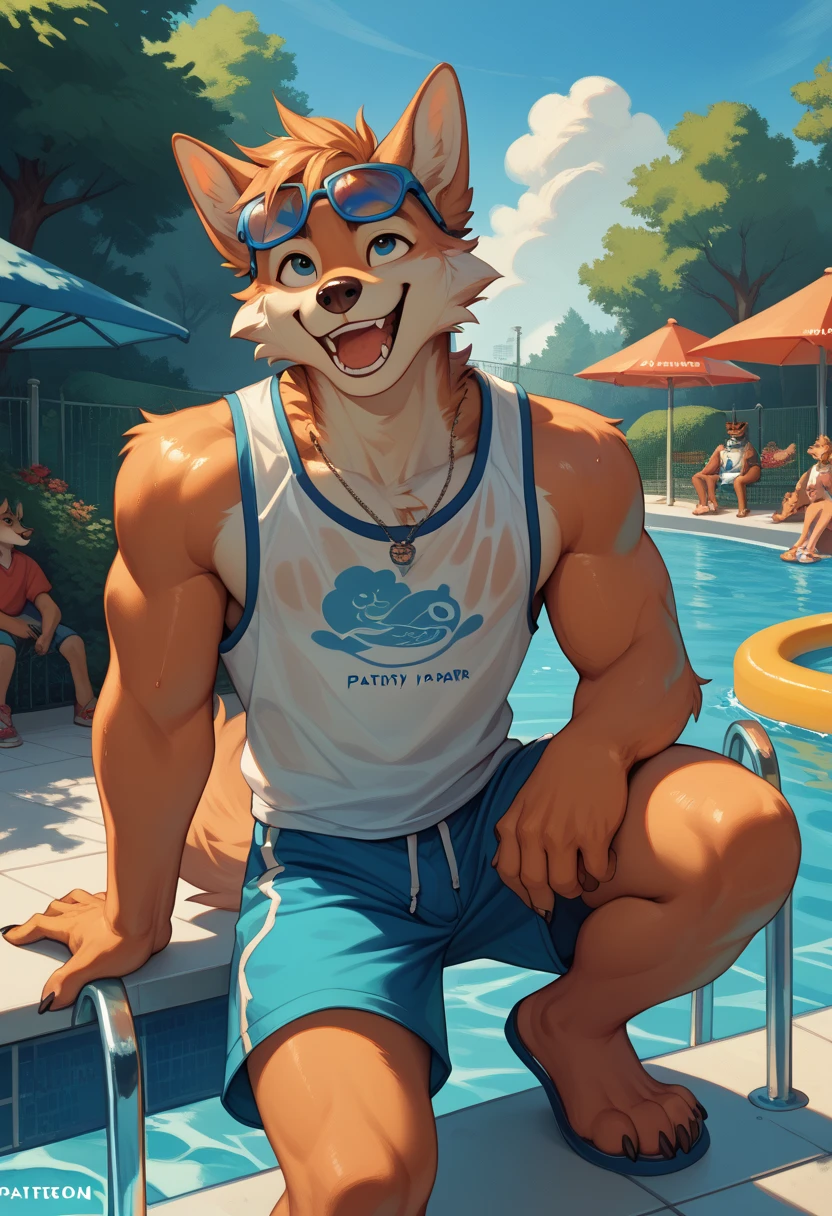 male, anthro (goat), ((black speedo, latex speedo)), ((rubbing bulge)), ((sitting on indoor poolside)), ((large pecs:1.2)), front view, close up, by personalami, by ruardri, by thebigslick, by kenket, hairy, ((tiled floor, pool, water, wet, school pool, window, sunny, indoor pool, detailed background)), speedo, shirtless, thick thighs, hooves, daddy, dilf, belly, older male, mature male, elderly anthro, old, grandpa, horns, wrinkles, white pubic hair, wide hips, leaking cum, gay, swimming cap, droopy eyes, dripping water, white goatee, white fur, sitting, tired, upturned eyebrows, panting, narrow shoulders, ((8--old hropomorphic beagle puppy stands rubbing his bulge under his own speedo))