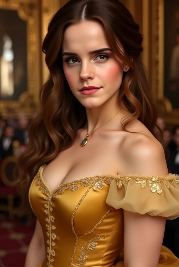 1 girl, Age 16,Female character with brown hair in a hairstyle, white skin, brown eyes, In a deep yellow off-the-shoulder ball gown with matching thin opera gloves.., Princess Belle,The skin has blood vessels.,It's very dark in the castle.,high angle photo,Very large breasts, teardrop shaped.,shiny skinมากๆ,There are blood vessels in the chest.,Post a sexy selfie,I'm wet., decorations, full body, necklace, off shoulder, realistic, Sexy style,muddy body,shiny skin,Abandoned, gloomy castle,