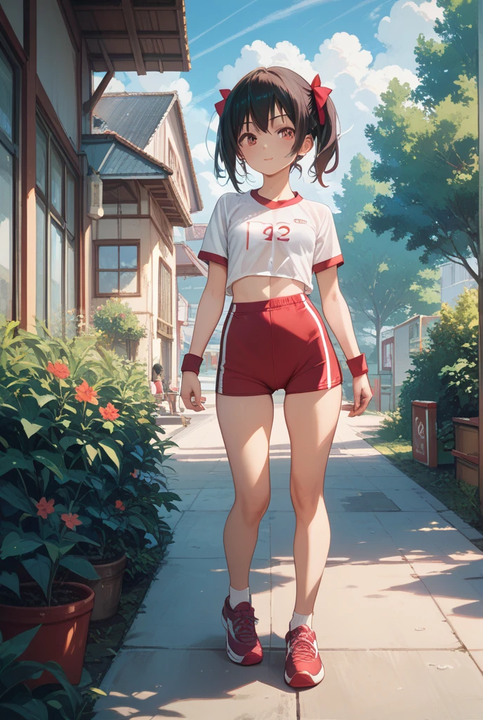 <lora:last v3:1>,rwby_gym,standing,cameltoe,sweat,(blush:0.6),covered nipples,outdoors,park,tree,bench,grass,sidewalk,(skinny:1.1),((flat chest:1.2)),