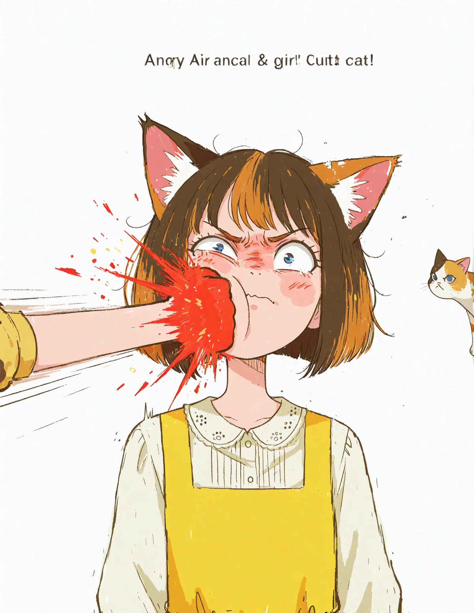 a calico cat punches a girl's face intensely,the girl's face is distorted by impact,comical cartoon style,using bright colors,soft light,Painful atmosphere,fun air,simple background,High Quality,masterpiece, Onomatopoeia(HIT)with typography and effects lines,yellow dress、short bob,simple with white background,comical cartoon styleを強調,pain and comical violent expressions,calico cats are angry, and fat calico cat, anime moe art style, Cute Core, cute art style, cute anime , Official Artwork, cute little character girl,CAT PUNCH,Cat Face Punch,Cat Face Punch