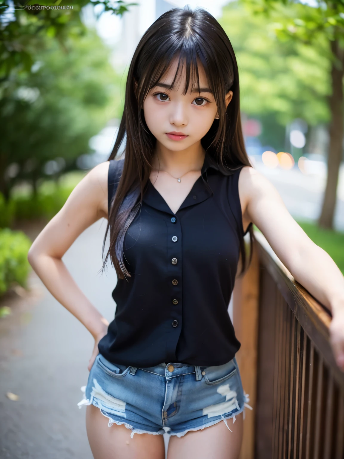 ((Highest quality)), ((masterpiece)), (detailed), 8K,Realistic、High definition、high resolution、Real、(((Two Girls)))、Japanese、Outdoor、blue sky、Are standing、smile、A good friend、Young face、21 years old、Heavy makeup、Sleeveless cute clothes、Shorts、Bend over and peer at me、Looking up、Black Hair、ponytail、
