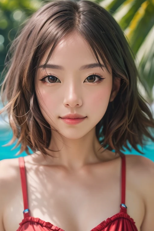 highest quality、Realistic、female、zoom、Gray Eyes、Short wavy chestnut hair、One piece swimsuit、slender、Sunburned skin、Dark Skin、Large Breasts、Ocean、Bust Shot、